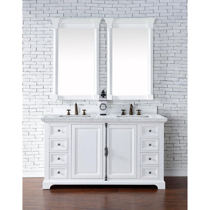 James Martin Vanities Providence 60" Bright White Double Vanity Cabinet With 3cm Carrara Marble Top