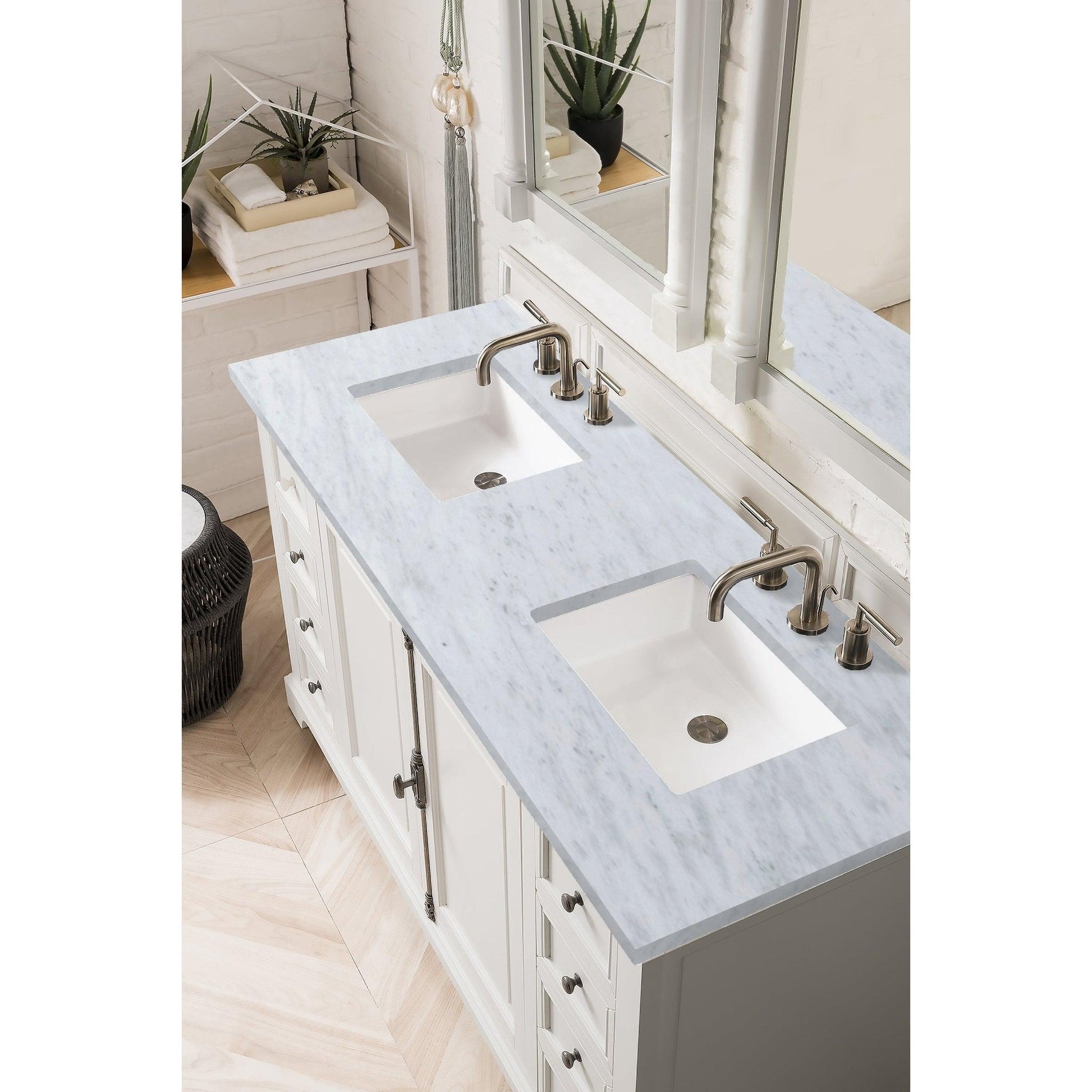 James Martin Vanities Providence 60" Bright White Double Vanity Cabinet With 3cm Carrara Marble Top