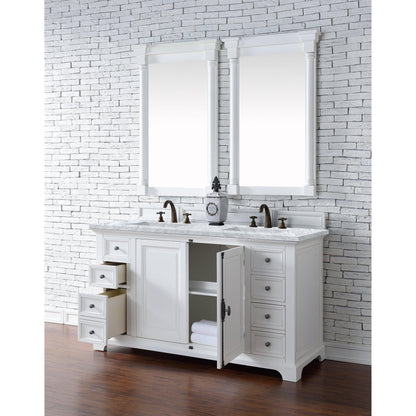 James Martin Vanities Providence 60" Bright White Double Vanity Cabinet With 3cm Carrara Marble Top