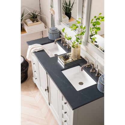 James Martin Vanities Providence 60" Bright White Double Vanity Cabinet With 3cm Charcoal Soapstone Quartz Top