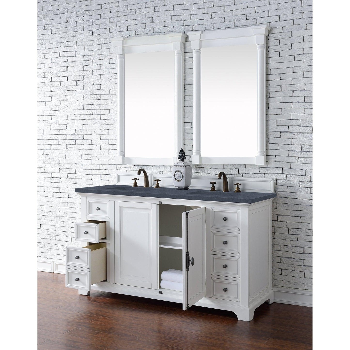 James Martin Vanities Providence 60" Bright White Double Vanity Cabinet With 3cm Charcoal Soapstone Quartz Top