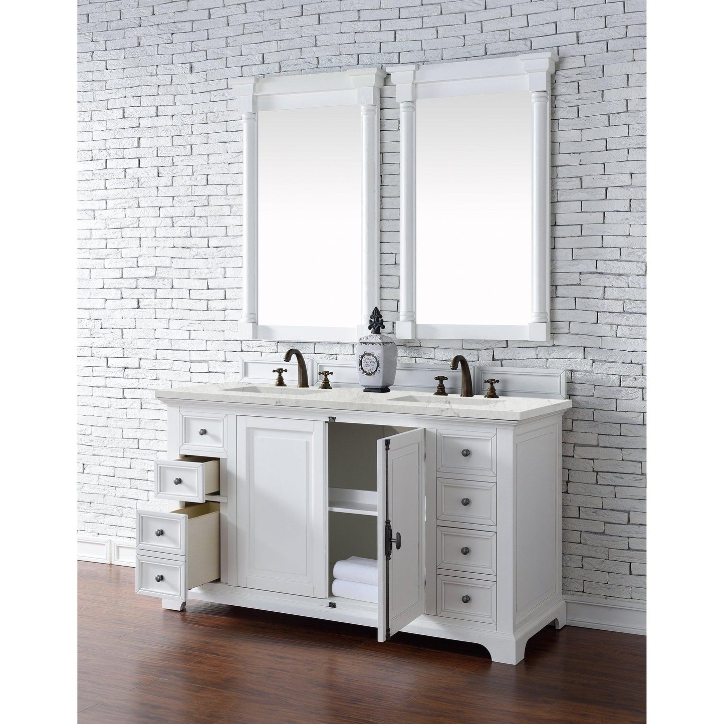 James Martin Vanities Providence 60" Bright White Double Vanity Cabinet With 3cm Eternal Jasmine Pearl Quartz Top