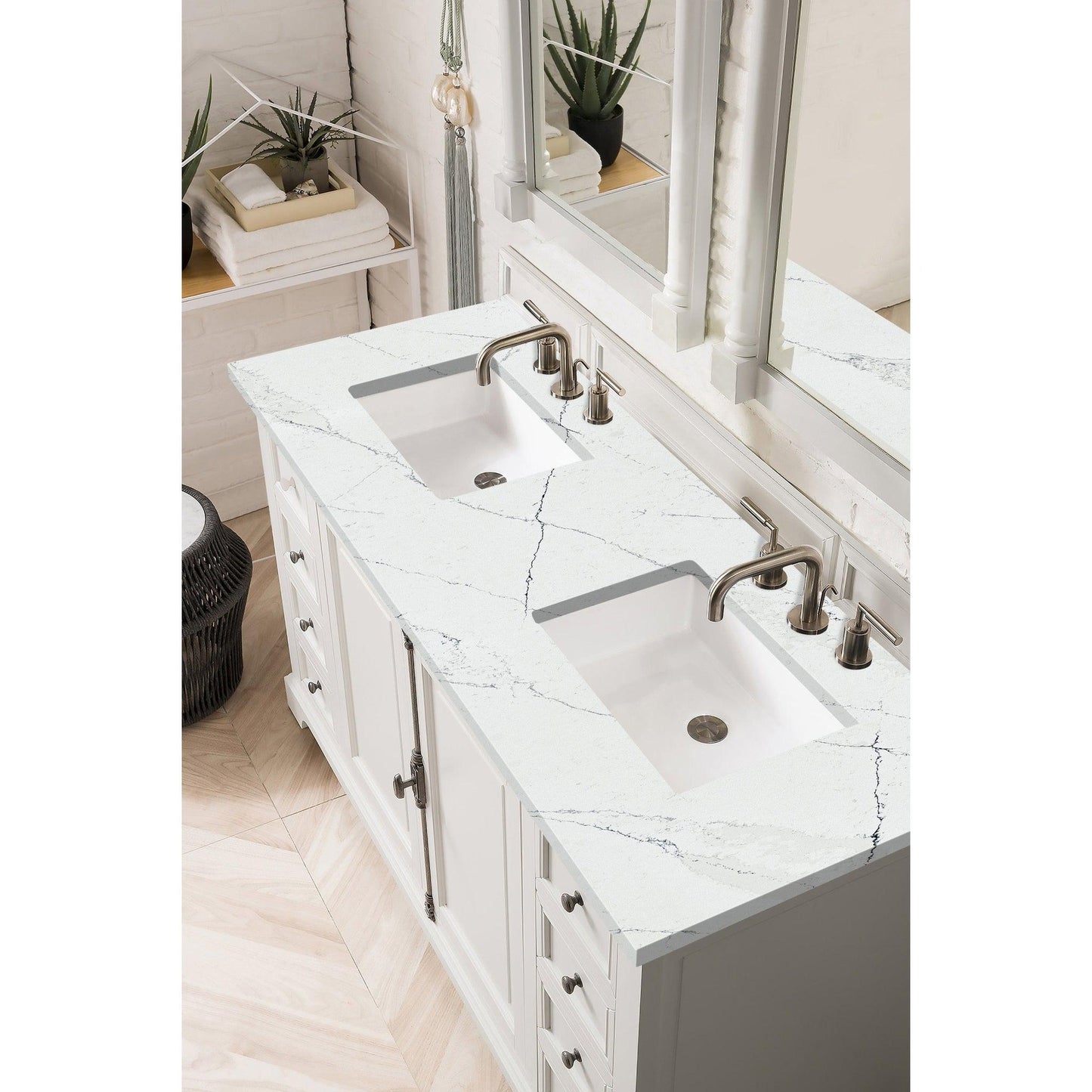 James Martin Vanities Providence 60" Bright White Double Vanity Cabinet With 3cm Ethereal Noctis Quartz Top
