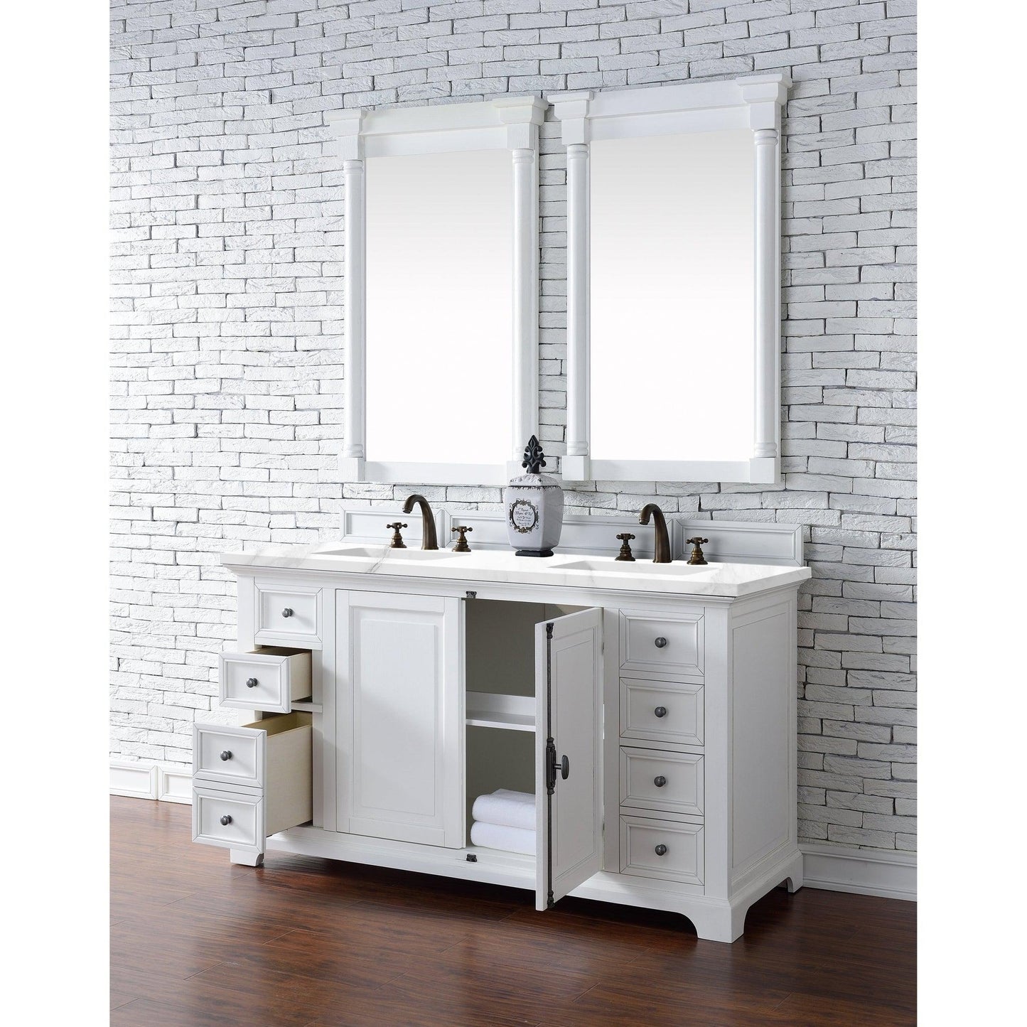 James Martin Vanities Providence 60" Bright White Double Vanity Cabinet With 3cm White Zeus Quartz Top