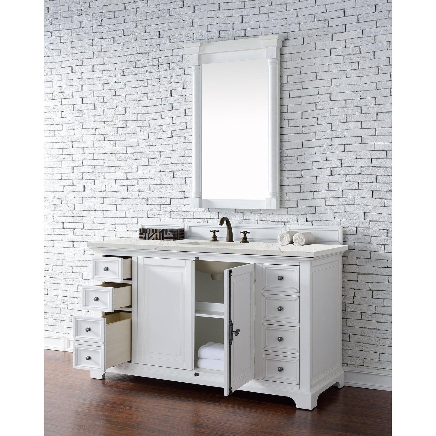 James Martin Vanities Providence 60" Bright White Single Vanity Cabinet With 3cm Eternal Jasmine Pearl Quartz Top