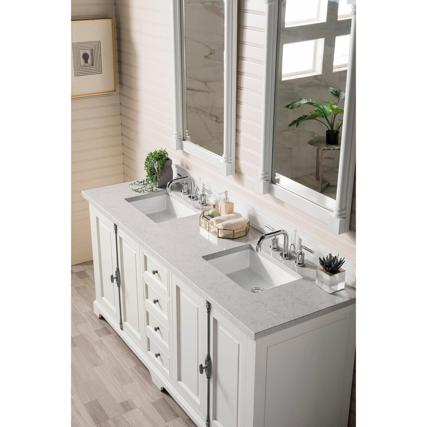 James Martin Vanities Providence 72" Bright White Double Vanity Cabinet With 3cm Eternal Jasmine Pearl Quartz Top