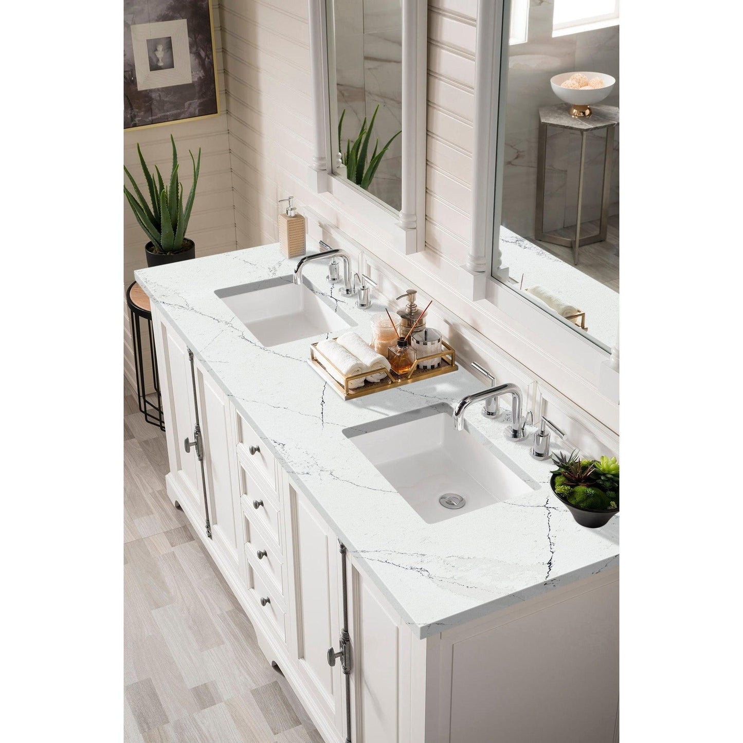 James Martin Vanities Providence 72" Bright White Double Vanity Cabinet With 3cm Ethereal Noctis Quartz Top