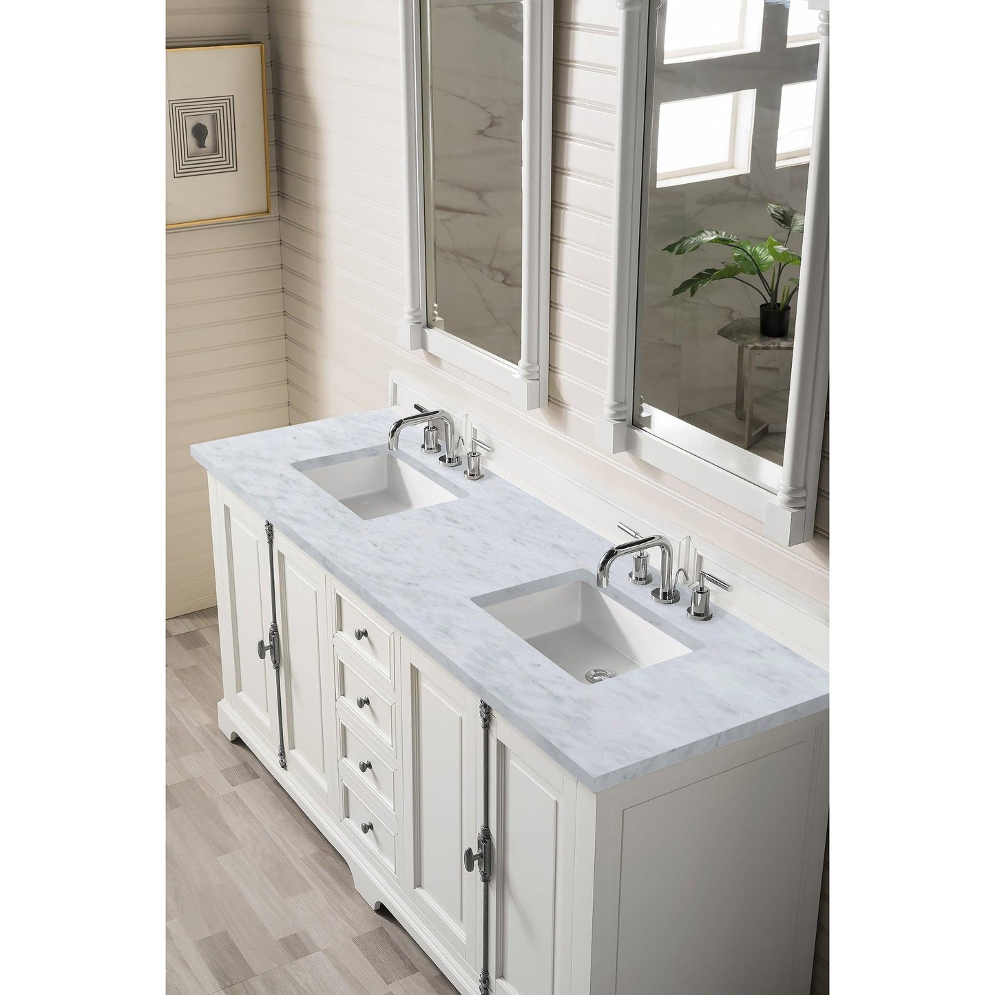 James Martin Vanities Providence 72" Bright White Double Vanity With 3cm Carrara Marble Top