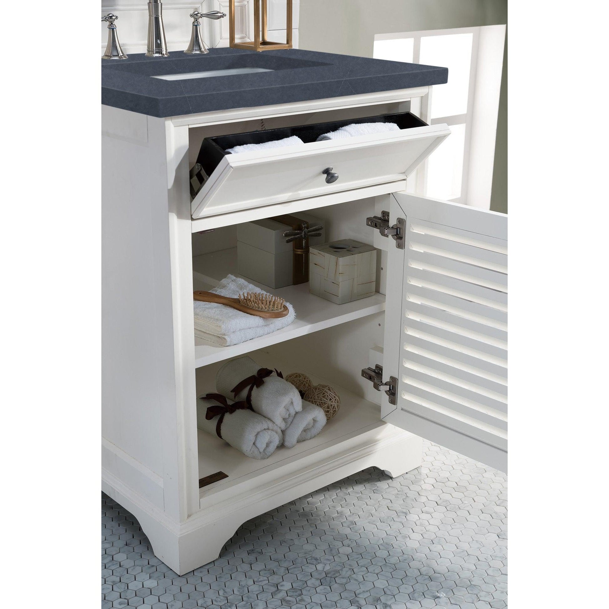 James Martin Vanities Savannah 26" Bright White Single Vanity Cabinet With 3cm Charcoal Soapstone Quartz Top