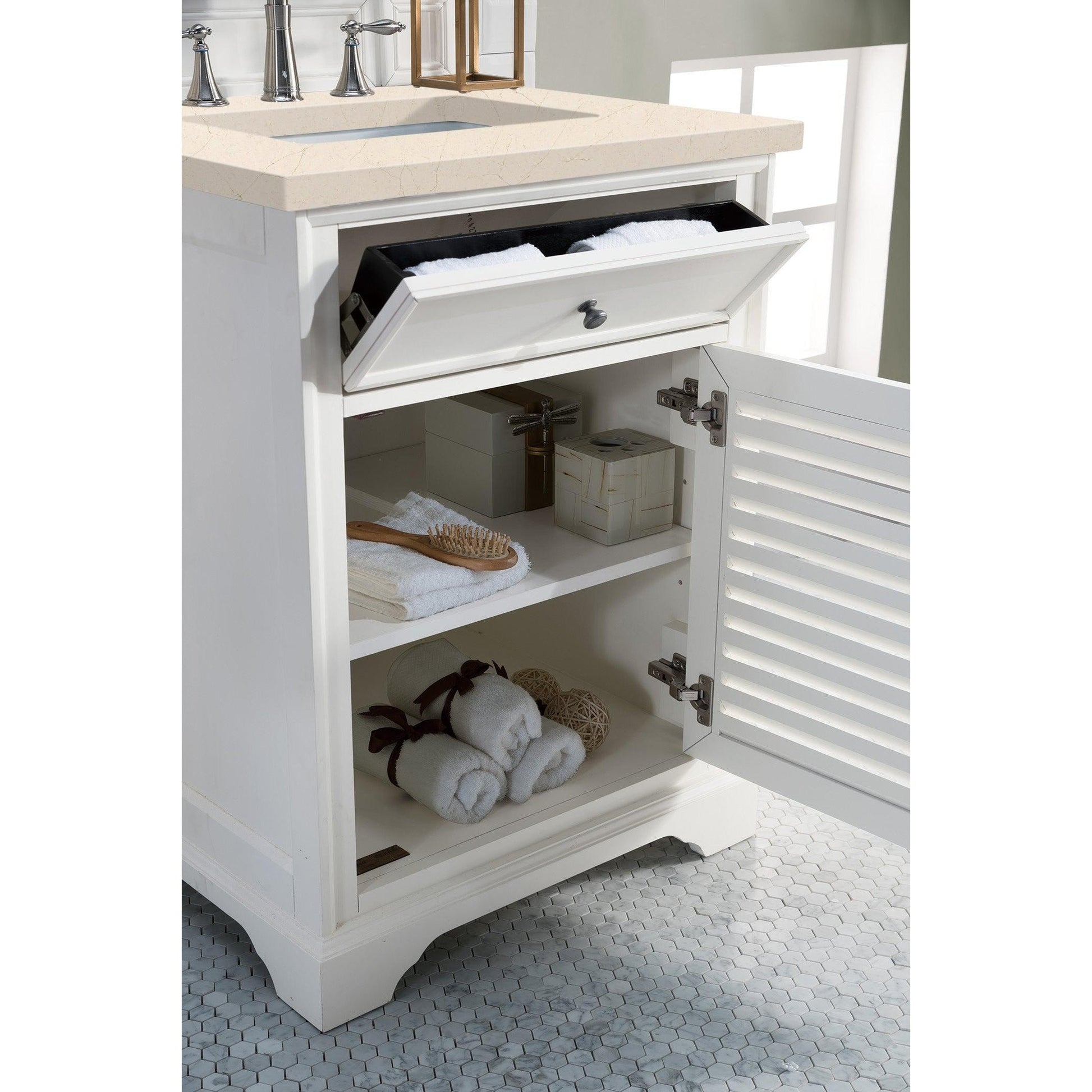 James Martin Vanities Savannah 26" Bright White Single Vanity Cabinet With 3cm Eternal Marfil Quartz Top