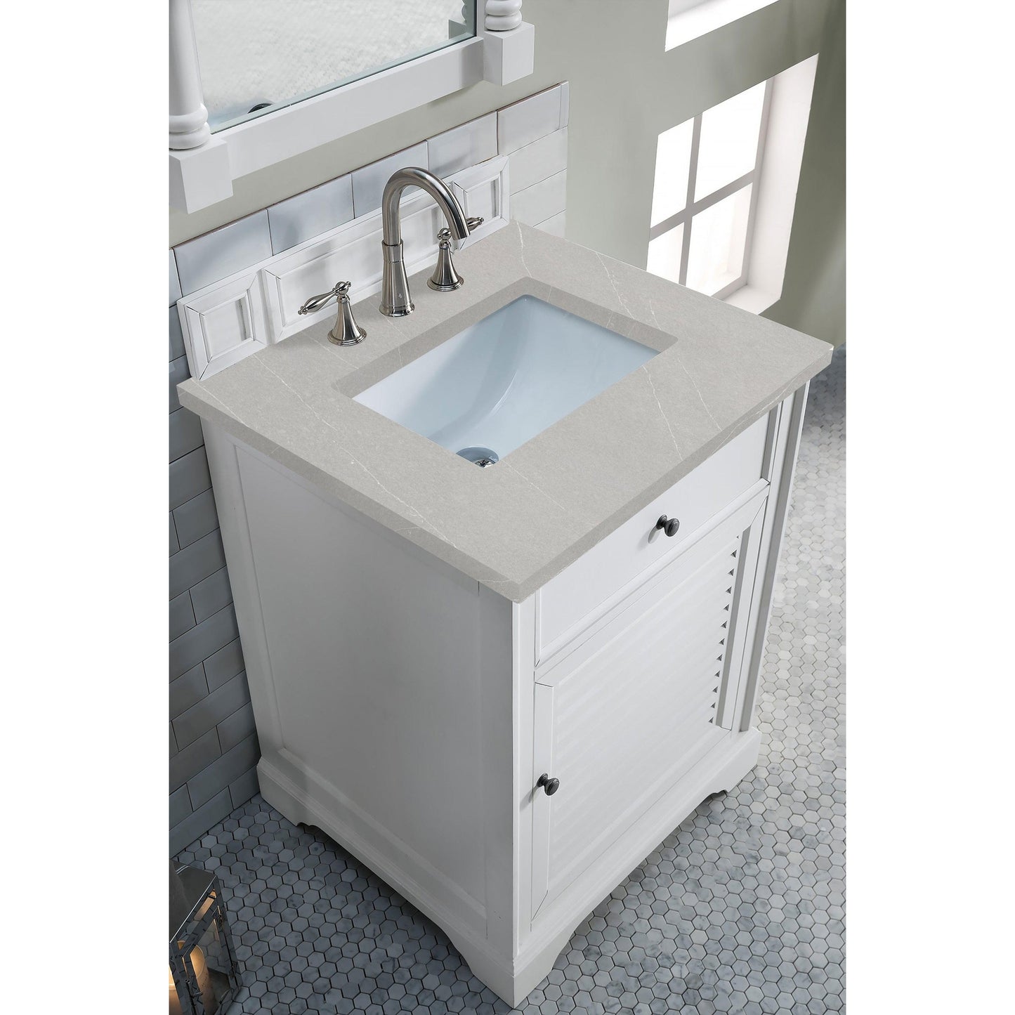 James Martin Vanities Savannah 26" Bright White Single Vanity Cabinet With 3cm Eternal Serena Quartz Top