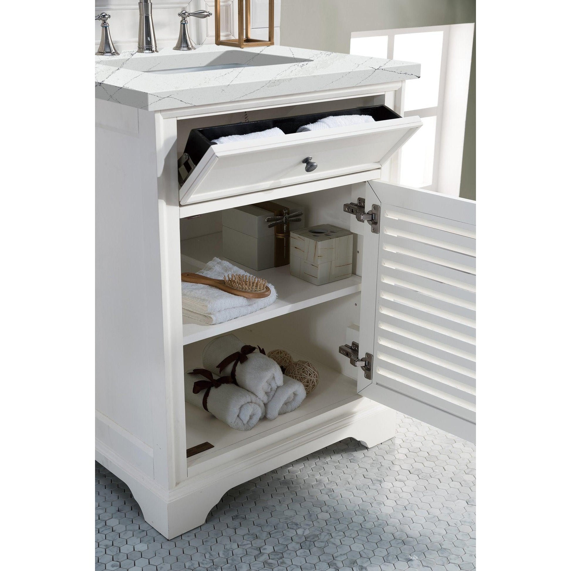 James Martin Vanities Savannah 26" Bright White Single Vanity Cabinet With 3cm Ethereal Noctis Quartz Top