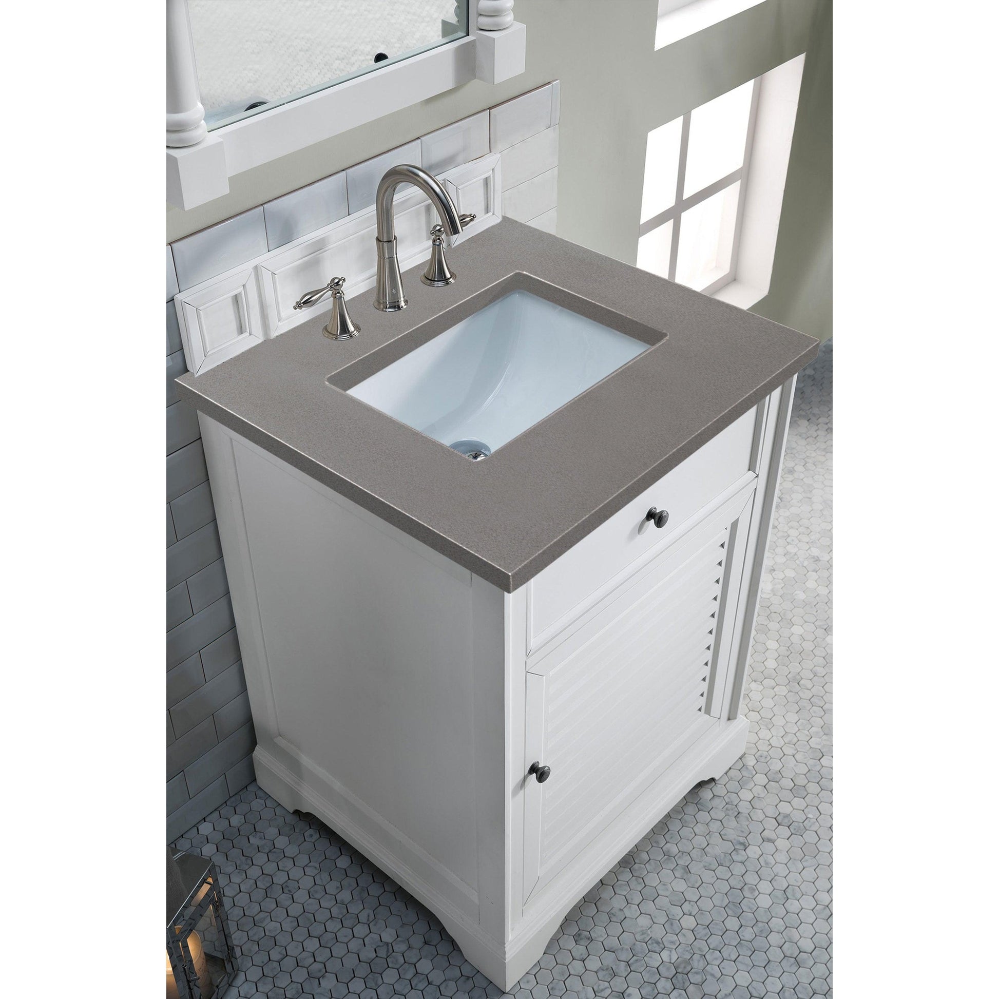 James Martin Vanities Savannah 26" Bright White Single Vanity Cabinet With 3cm Grey Expo Quartz Top