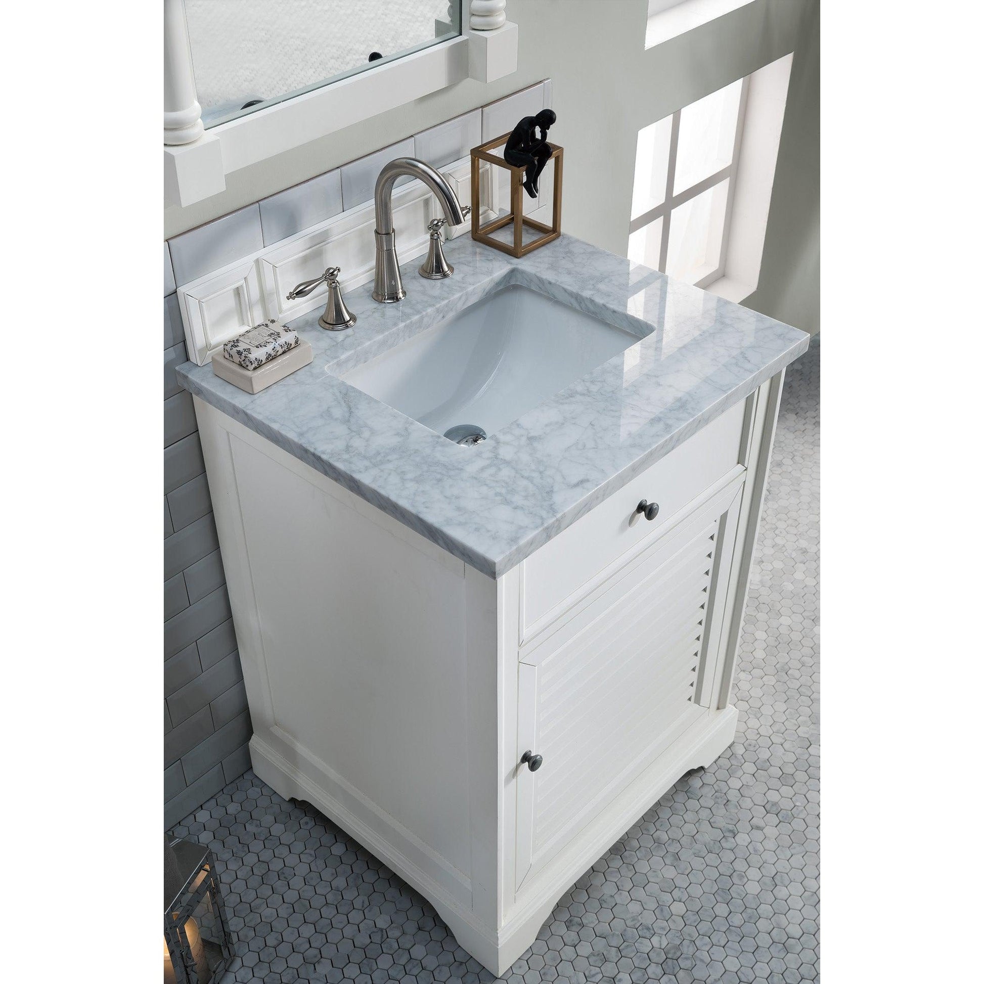 James Martin Vanities Savannah 26" Bright White Single Vanity With 3cm Carrara Marble Top