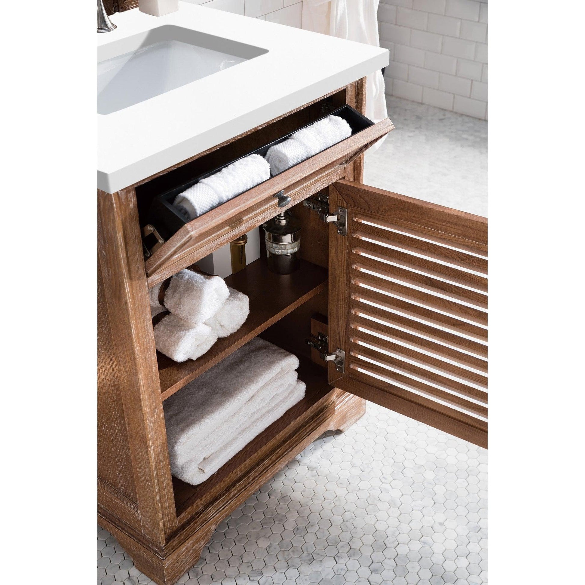 James Martin Vanities Savannah 26" Driftwood Single Vanity Cabinet With 3cm White Zeus Quartz Top