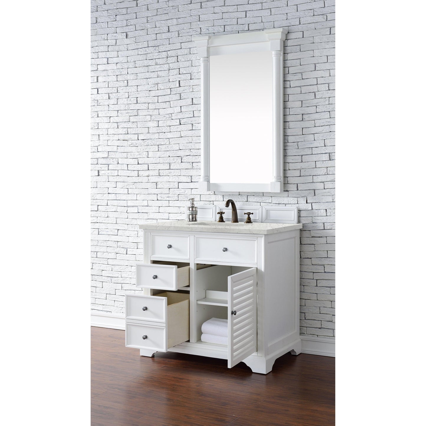 James Martin Vanities Savannah 36" Bright White Single Vanity Cabinet With 3cm Eternal Jasmine Pearl Quartz Top