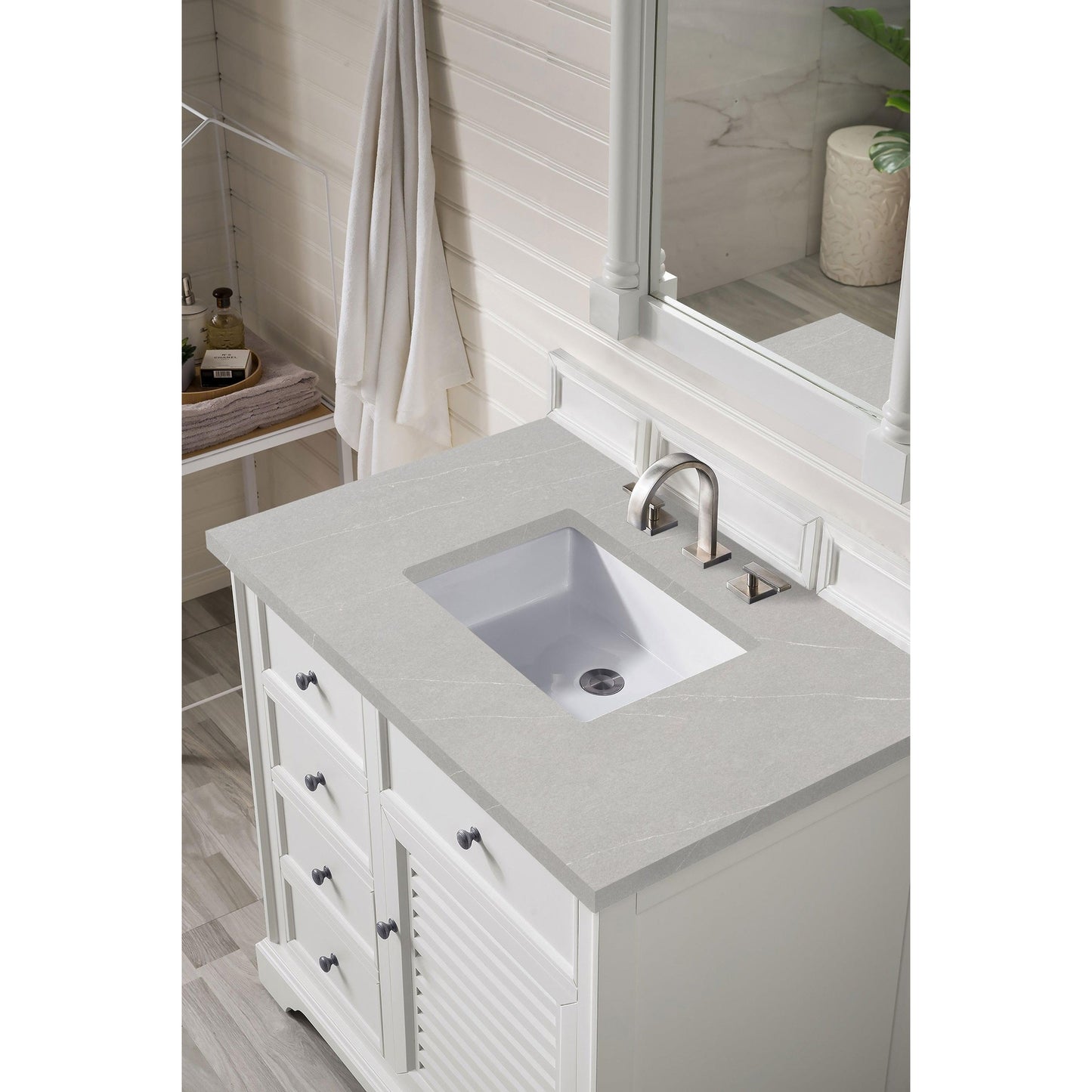 James Martin Vanities Savannah 36" Bright White Single Vanity Cabinet With 3cm Eternal Serena Quartz Top