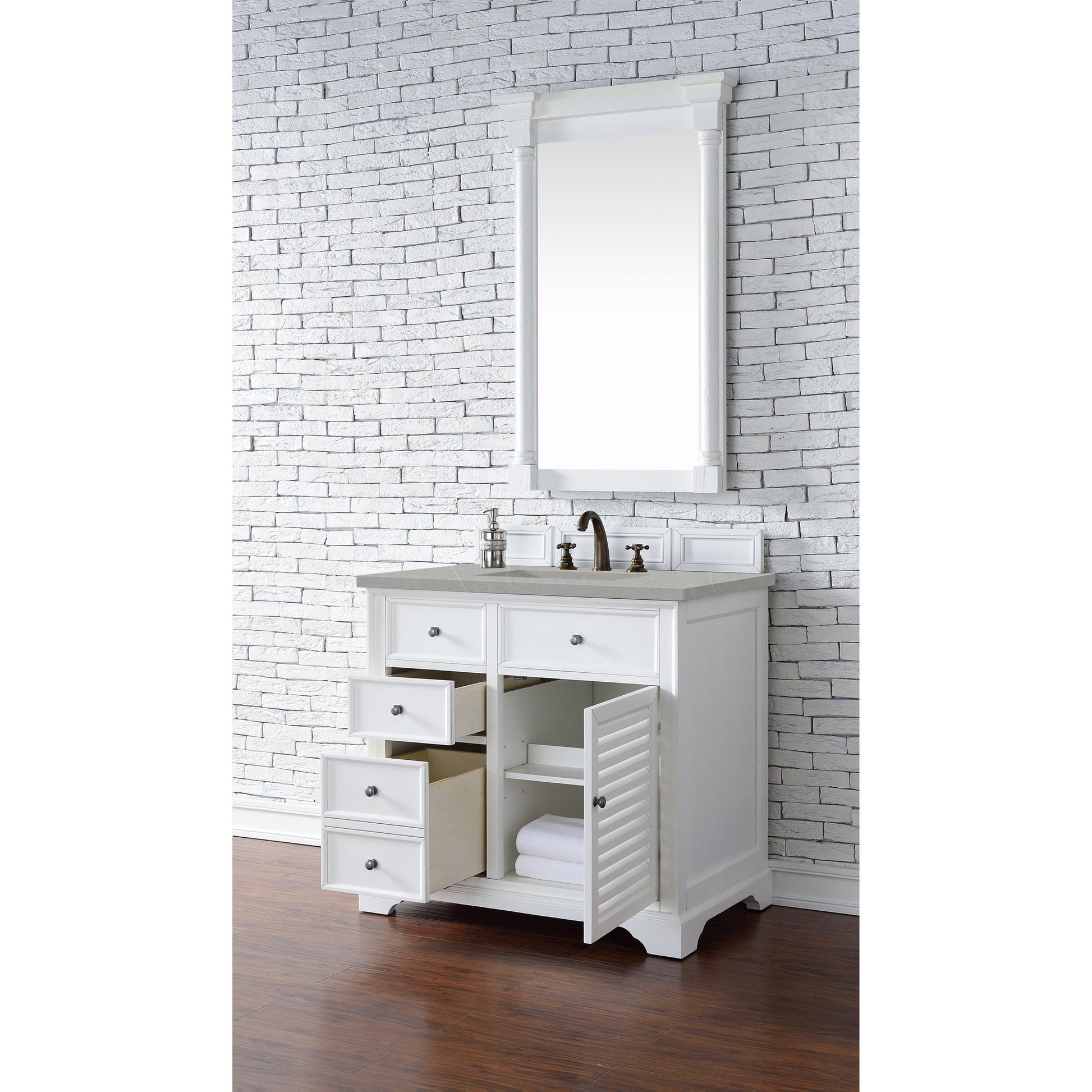 James Martin Vanities Savannah 36" Bright White Single Vanity Cabinet With 3cm Eternal Serena Quartz Top