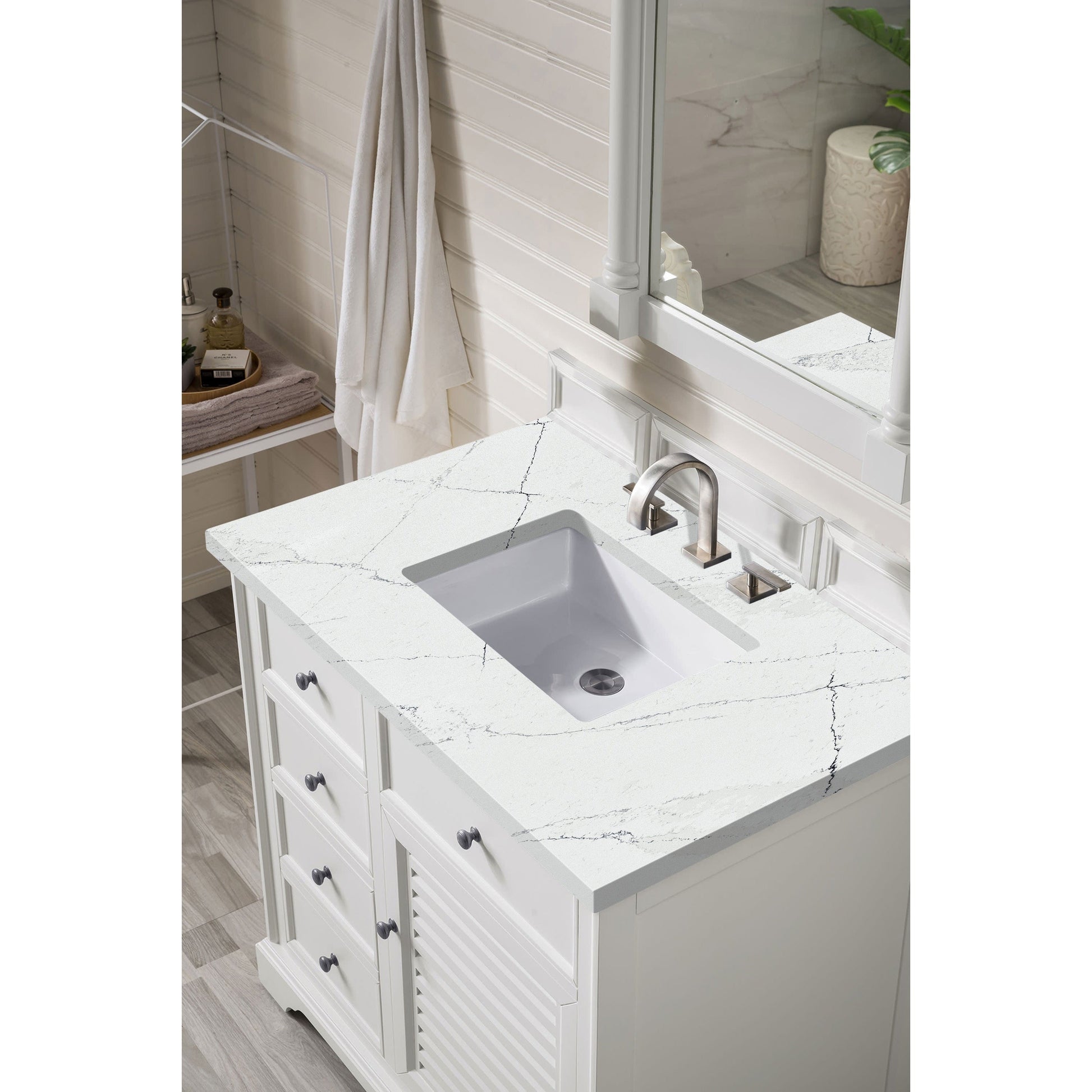 James Martin Vanities Savannah 36" Bright White Single Vanity Cabinet With 3cm Ethereal Noctis Quartz Top