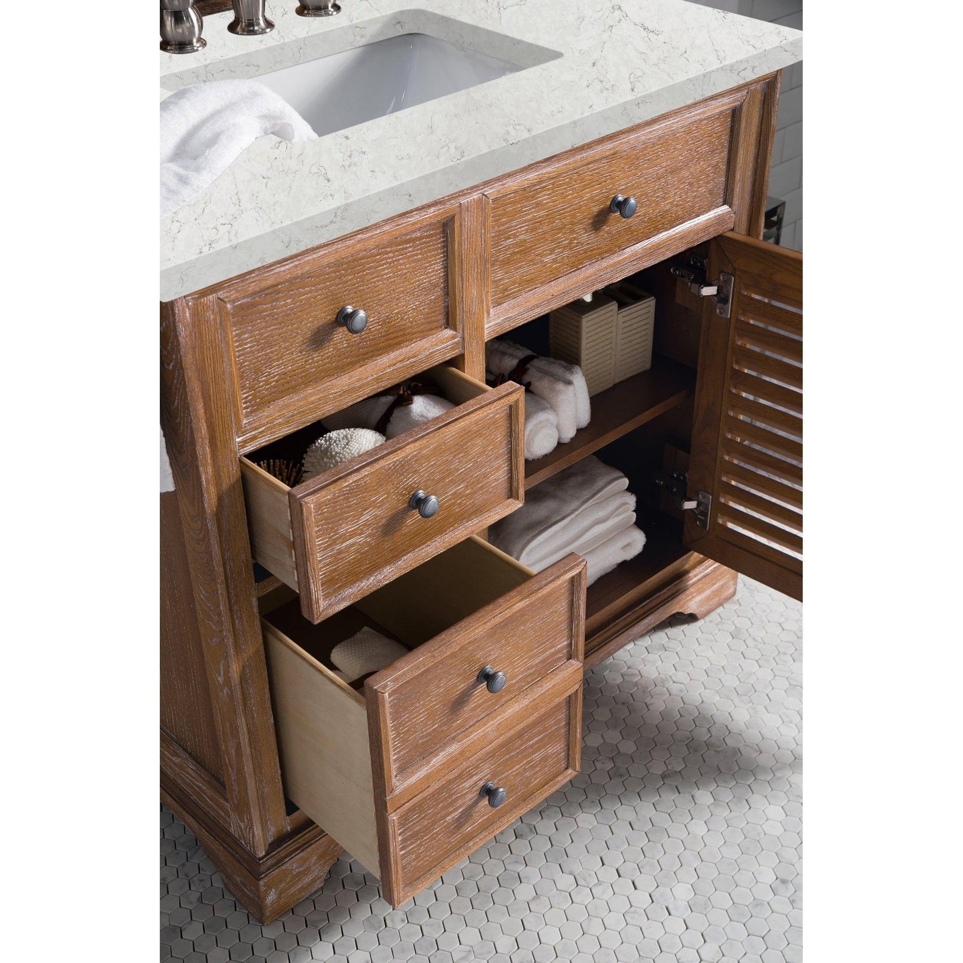 James Martin Vanities Savannah 36" Driftwood Single Vanity Cabinet With 3cm Eternal Jasmine Pearl Quartz Top