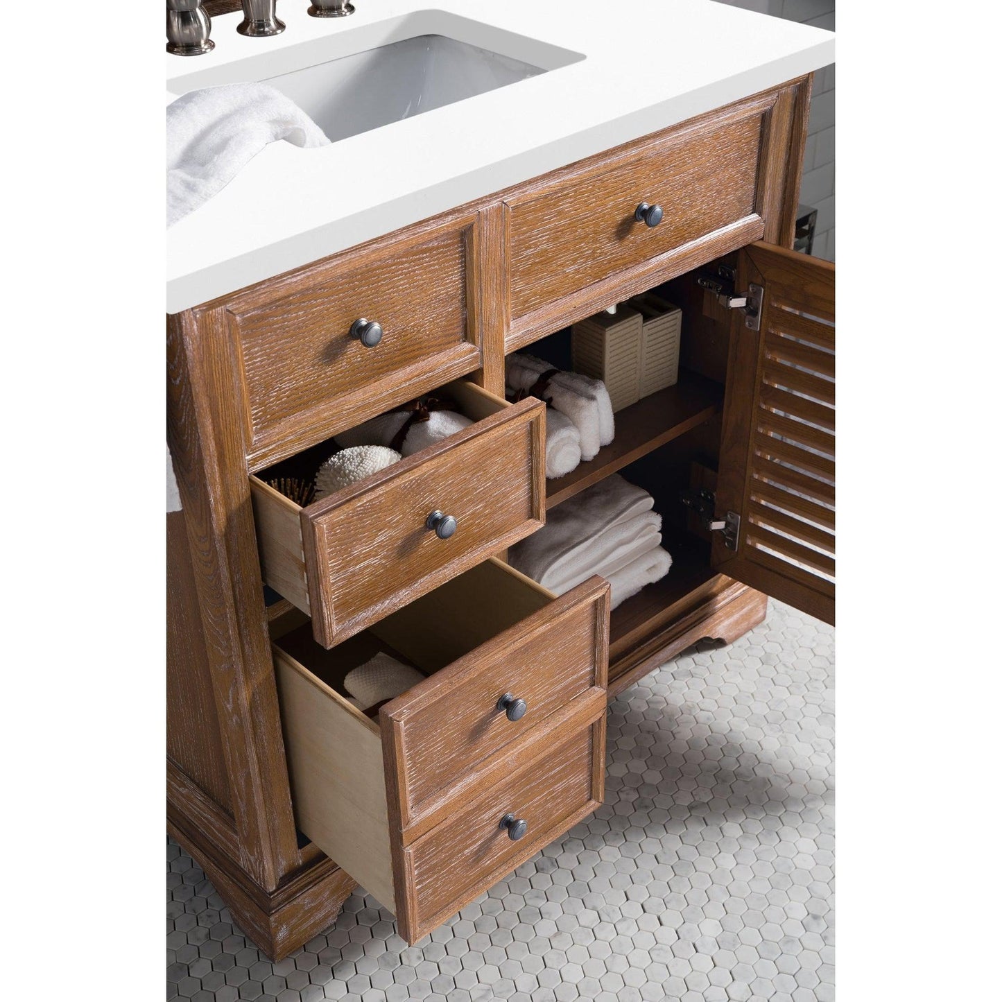 James Martin Vanities Savannah 36" Driftwood Single Vanity Cabinet With 3cm White Zeus Quartz Top