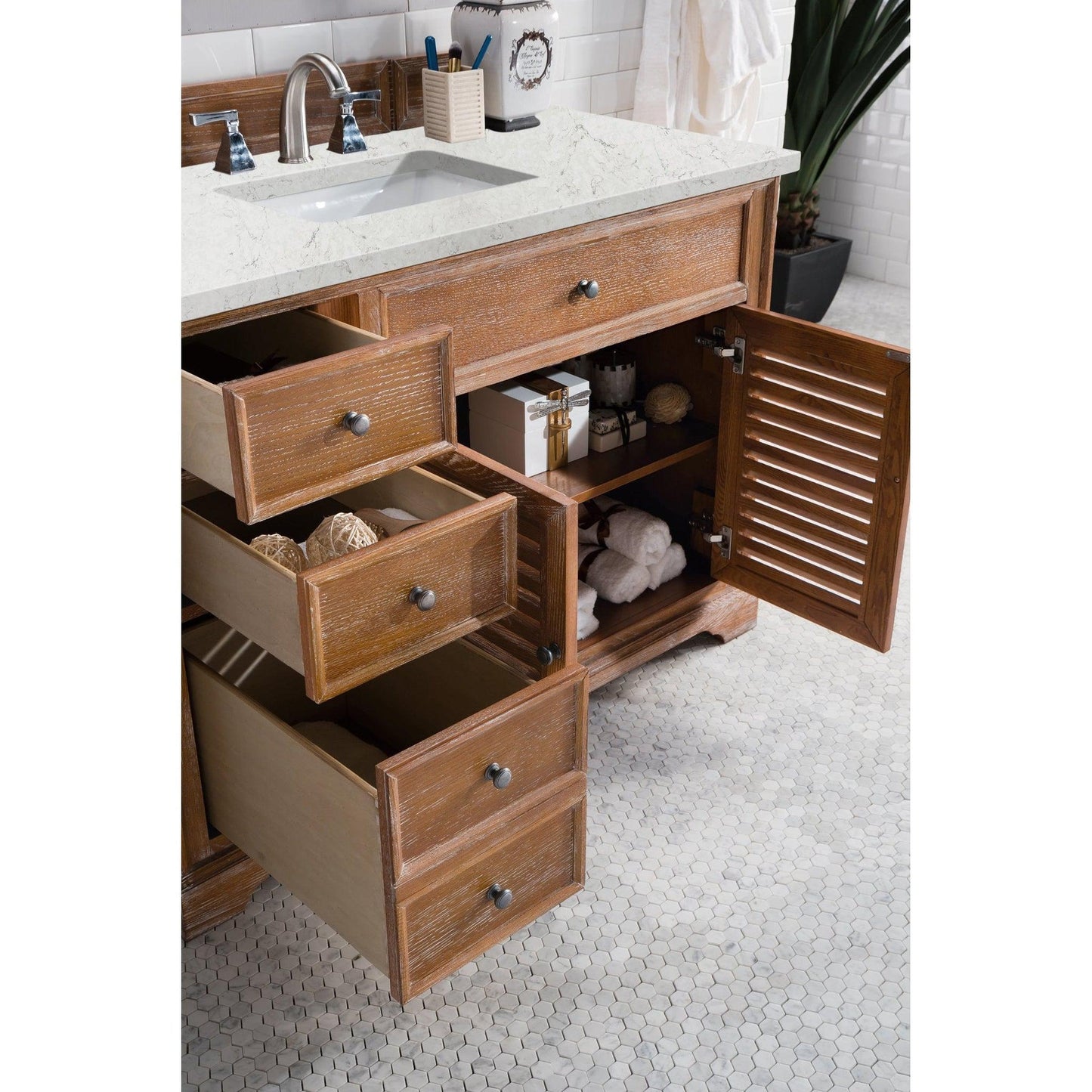 James Martin Vanities Savannah 48" Driftwood Single Vanity Cabinet With 3cm Eternal Jasmine Pearl Quartz Top