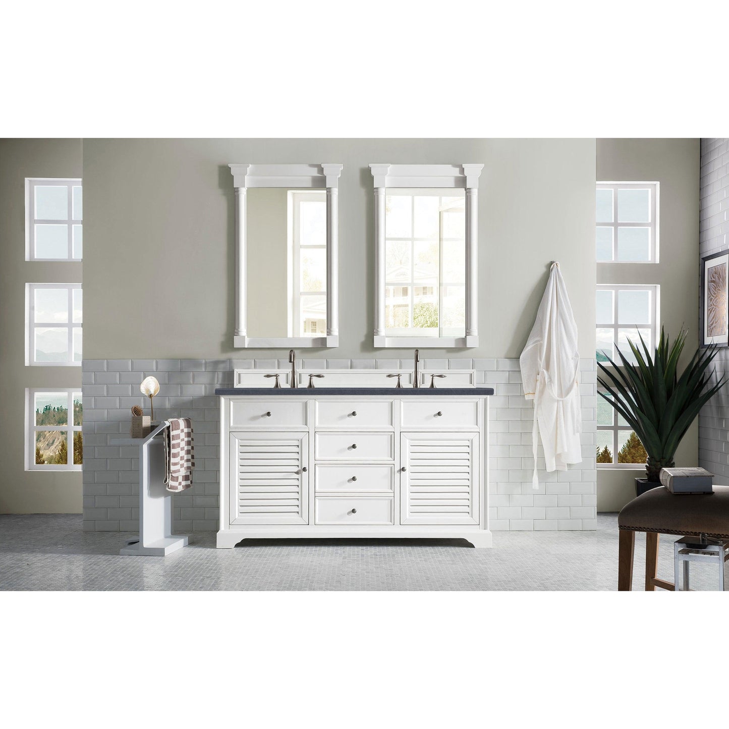 James Martin Vanities Savannah 60" Bright White Double Vanity Cabinet With 3cm Charcoal Soapstone Quartz Top