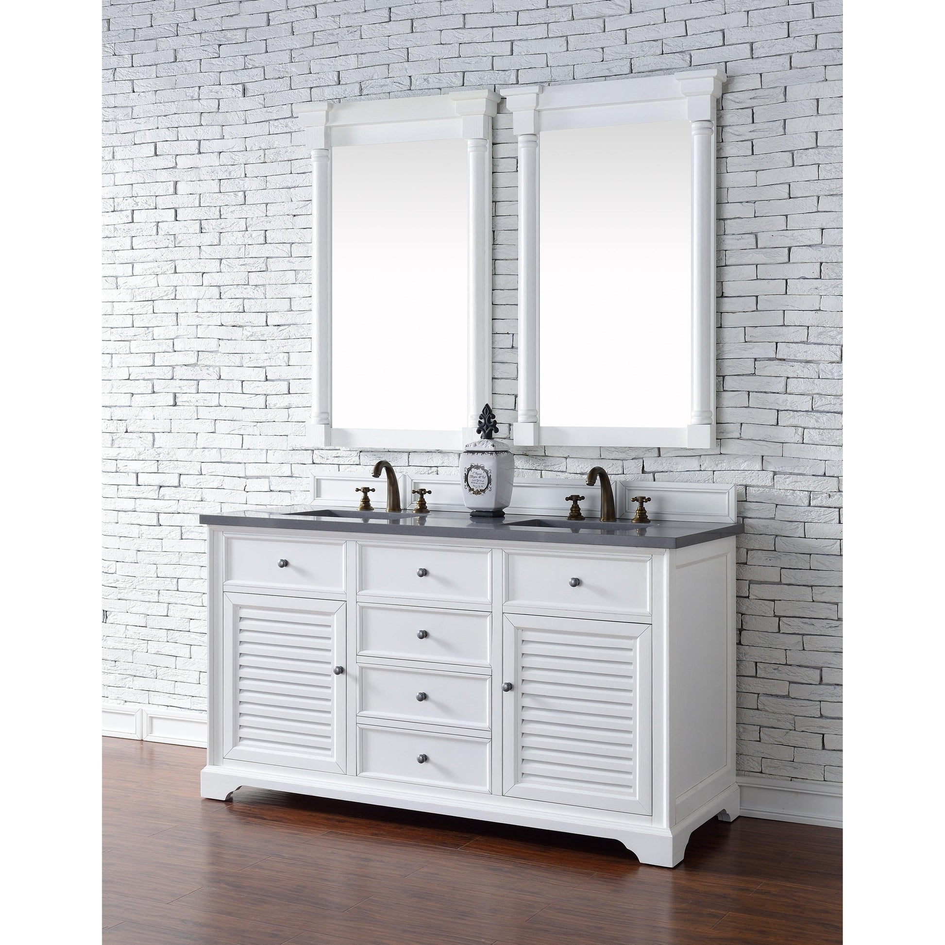 James Martin Vanities Savannah 60" Bright White Double Vanity Cabinet With 3cm Charcoal Soapstone Quartz Top