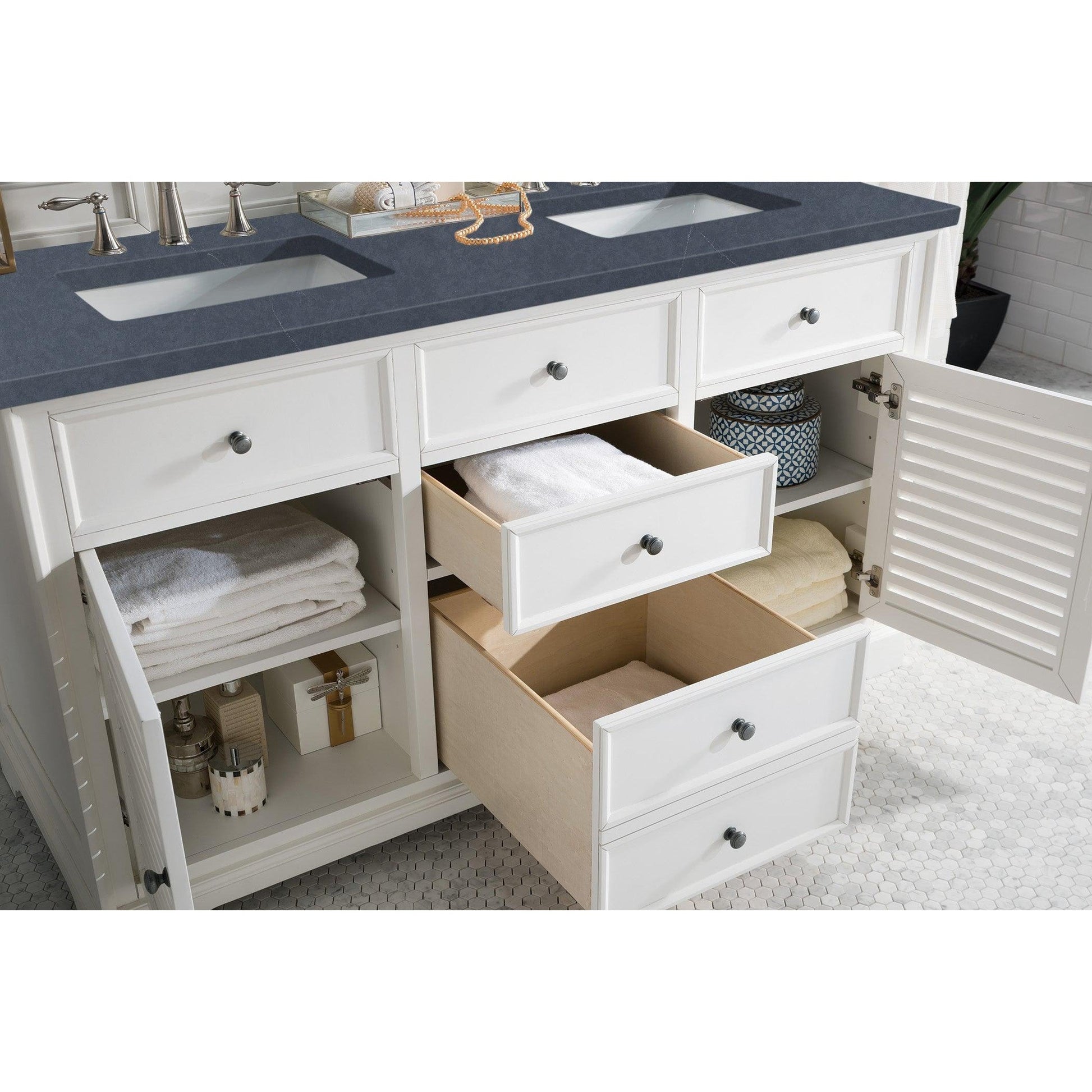 James Martin Vanities Savannah 60" Bright White Double Vanity Cabinet With 3cm Charcoal Soapstone Quartz Top