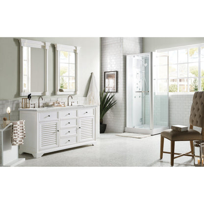 James Martin Vanities Savannah 60" Bright White Double Vanity Cabinet With 3cm Eternal Jasmine Pearl Quartz Top