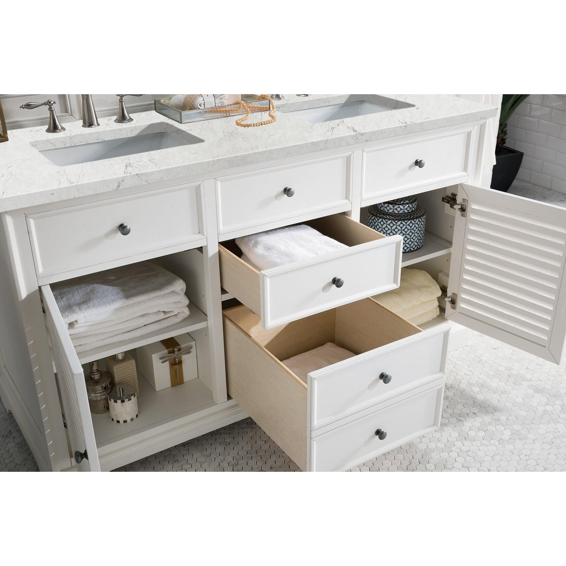 James Martin Vanities Savannah 60" Bright White Double Vanity Cabinet With 3cm Eternal Jasmine Pearl Quartz Top