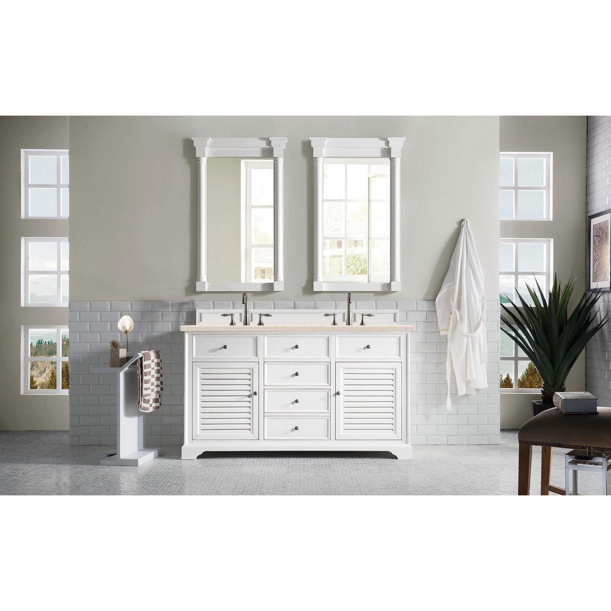 James Martin Vanities Savannah 60" Bright White Double Vanity Cabinet With 3cm Eternal Marfil Quartz Top