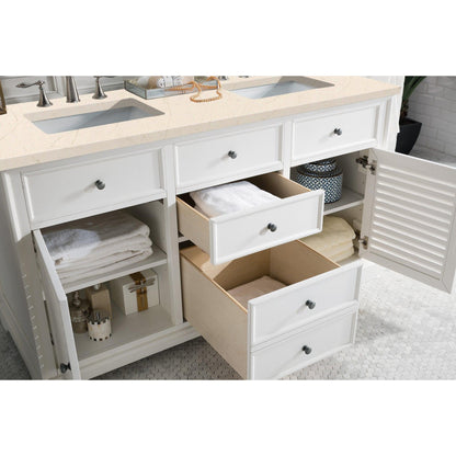 James Martin Vanities Savannah 60" Bright White Double Vanity Cabinet With 3cm Eternal Marfil Quartz Top