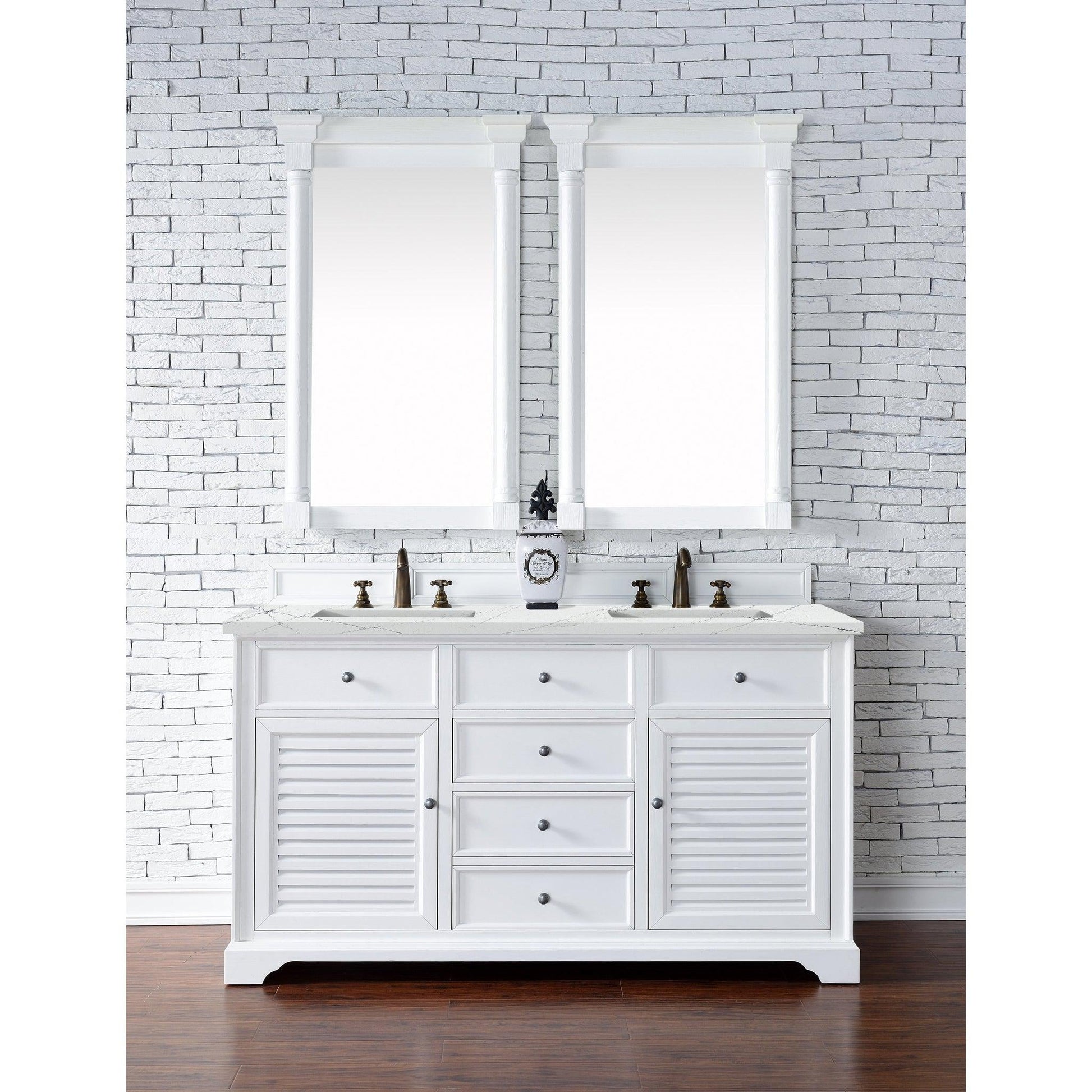 James Martin Vanities Savannah 60" Bright White Double Vanity Cabinet With 3cm Ethereal Noctis Quartz Top