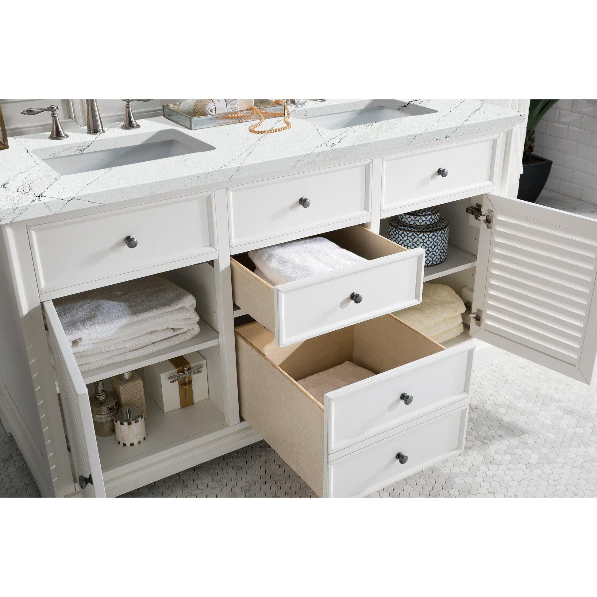 James Martin Vanities Savannah 60" Bright White Double Vanity Cabinet With 3cm Ethereal Noctis Quartz Top