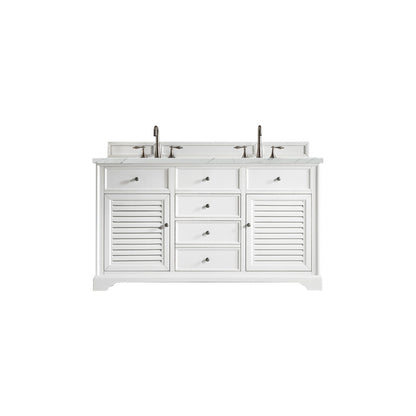 James Martin Vanities Savannah 60" Bright White Double Vanity Cabinet With 3cm Ethereal Noctis Quartz Top