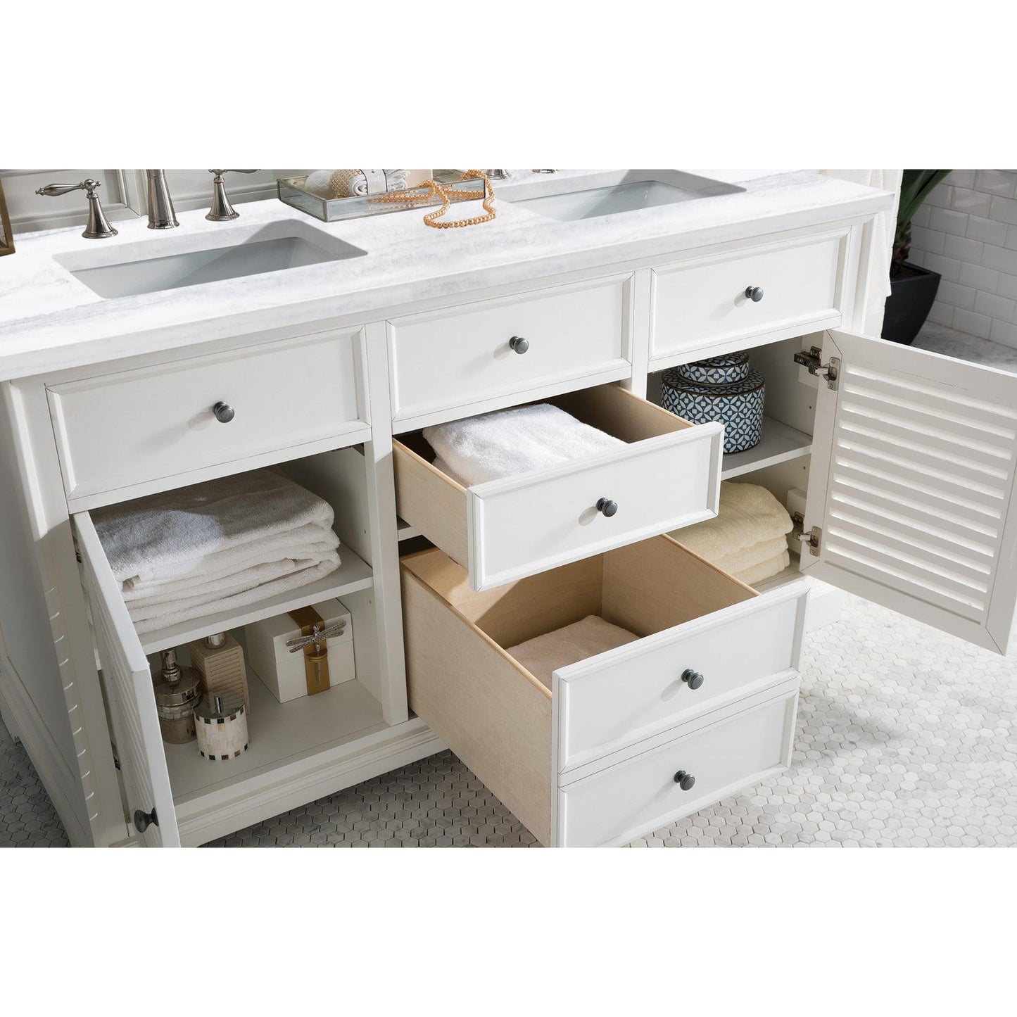 James Martin Vanities Savannah 60" Bright White Double Vanity With 3cm Arctic Fall Solid Surface Top