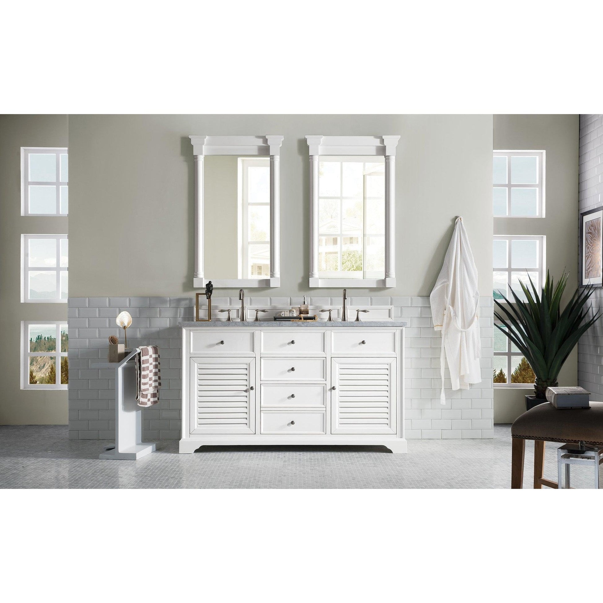 James Martin Vanities Savannah 60" Bright White Double Vanity With 3cm Carrara White Top