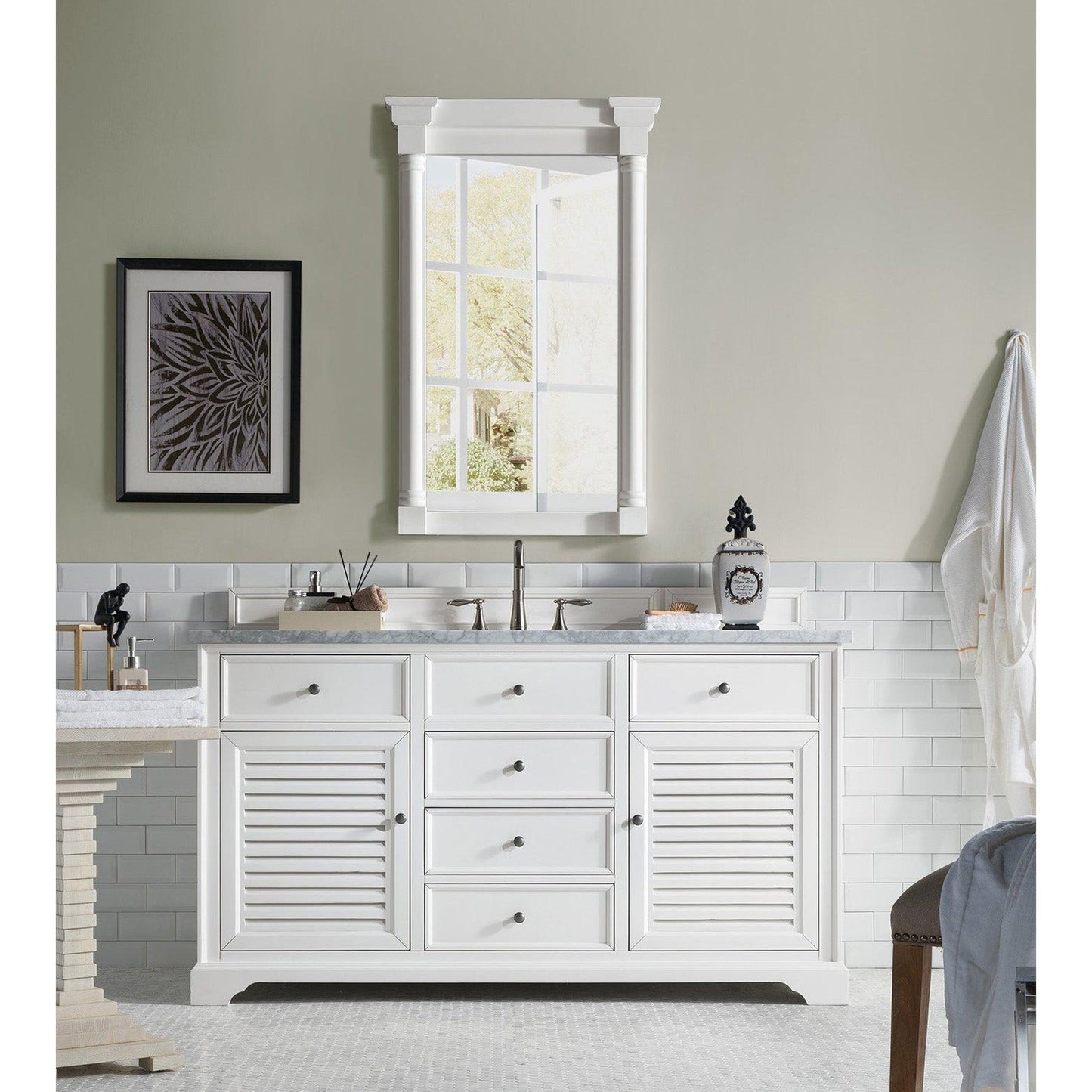 James Martin Vanities Savannah 60" Bright White Single Vanity With 3cm Carrara Marble Top