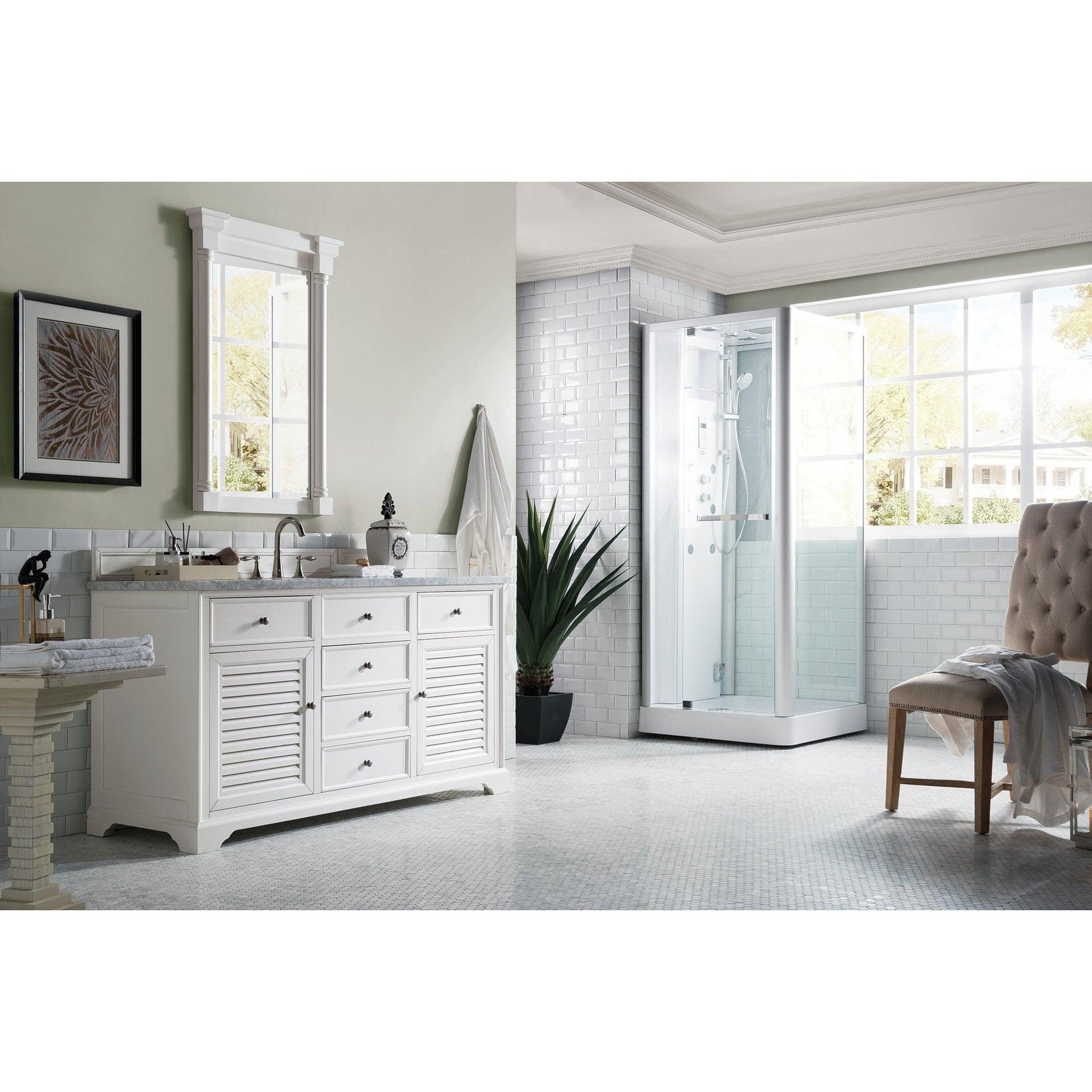 James Martin Vanities Savannah 60" Bright White Single Vanity With 3cm Carrara Marble Top