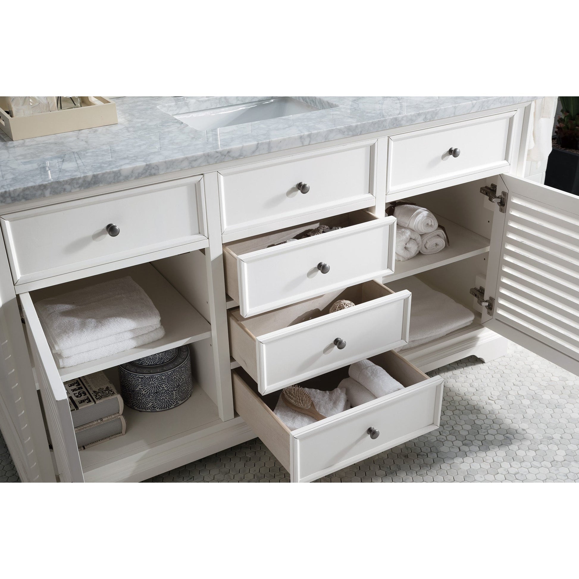 James Martin Vanities Savannah 60" Bright White Single Vanity With 3cm Carrara Marble Top