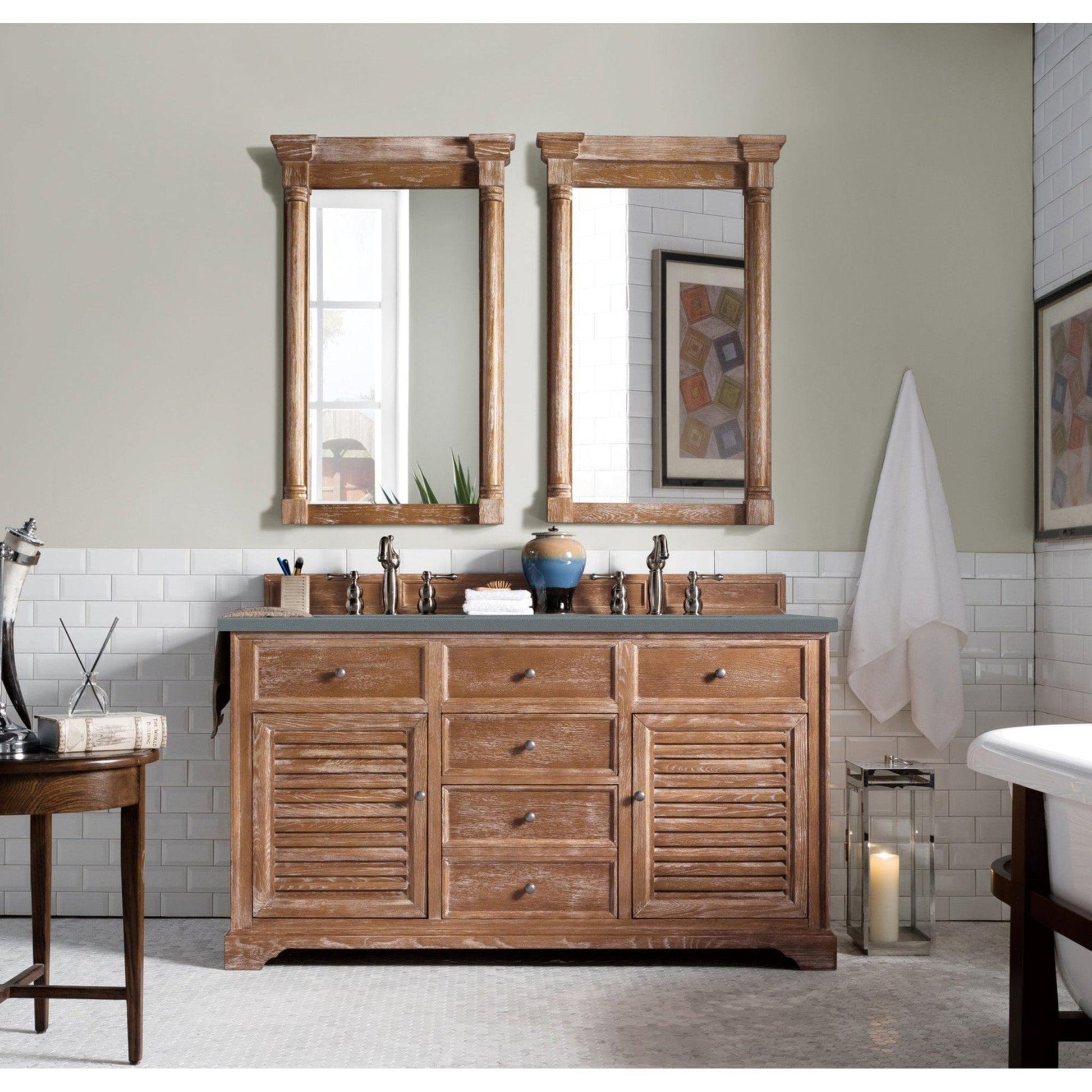 James Martin Vanities Savannah 60" Driftwood Double Vanity Cabinet With 3cm Cala Blue Quartz Top