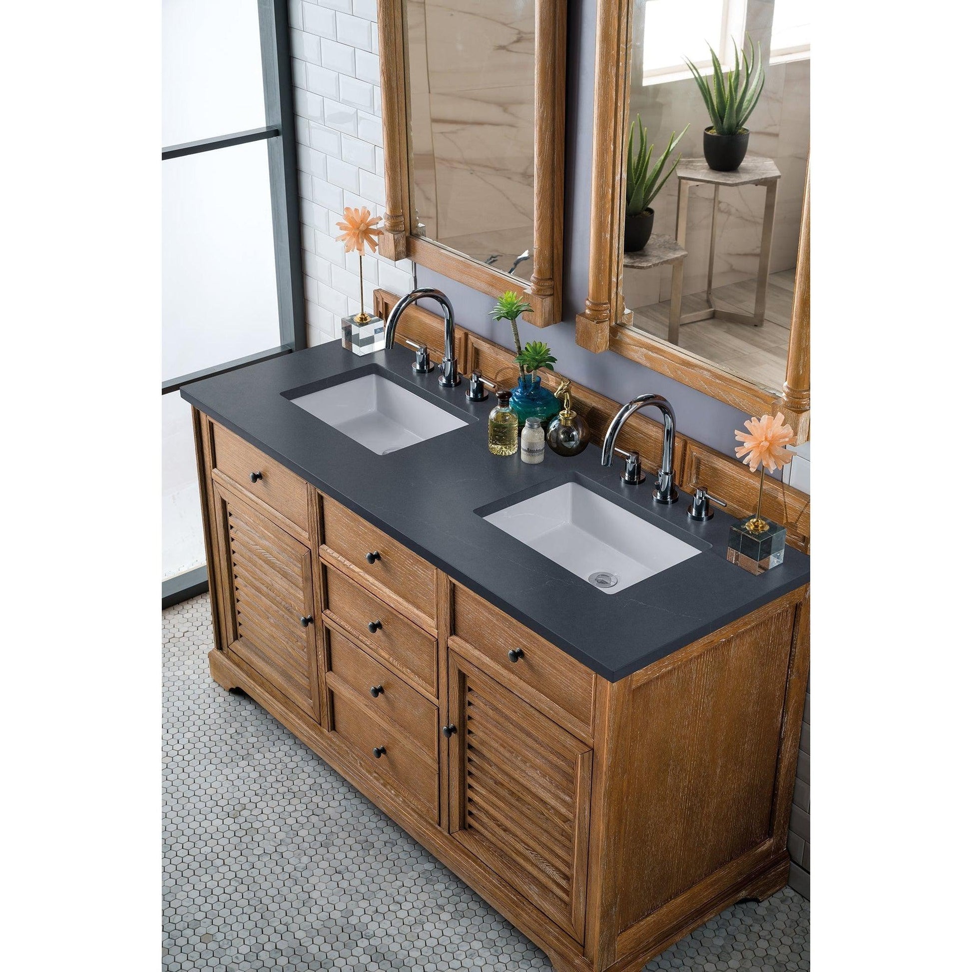 James Martin Vanities Savannah 60" Driftwood Double Vanity Cabinet With 3cm Charcoal Soapstone Quartz Top