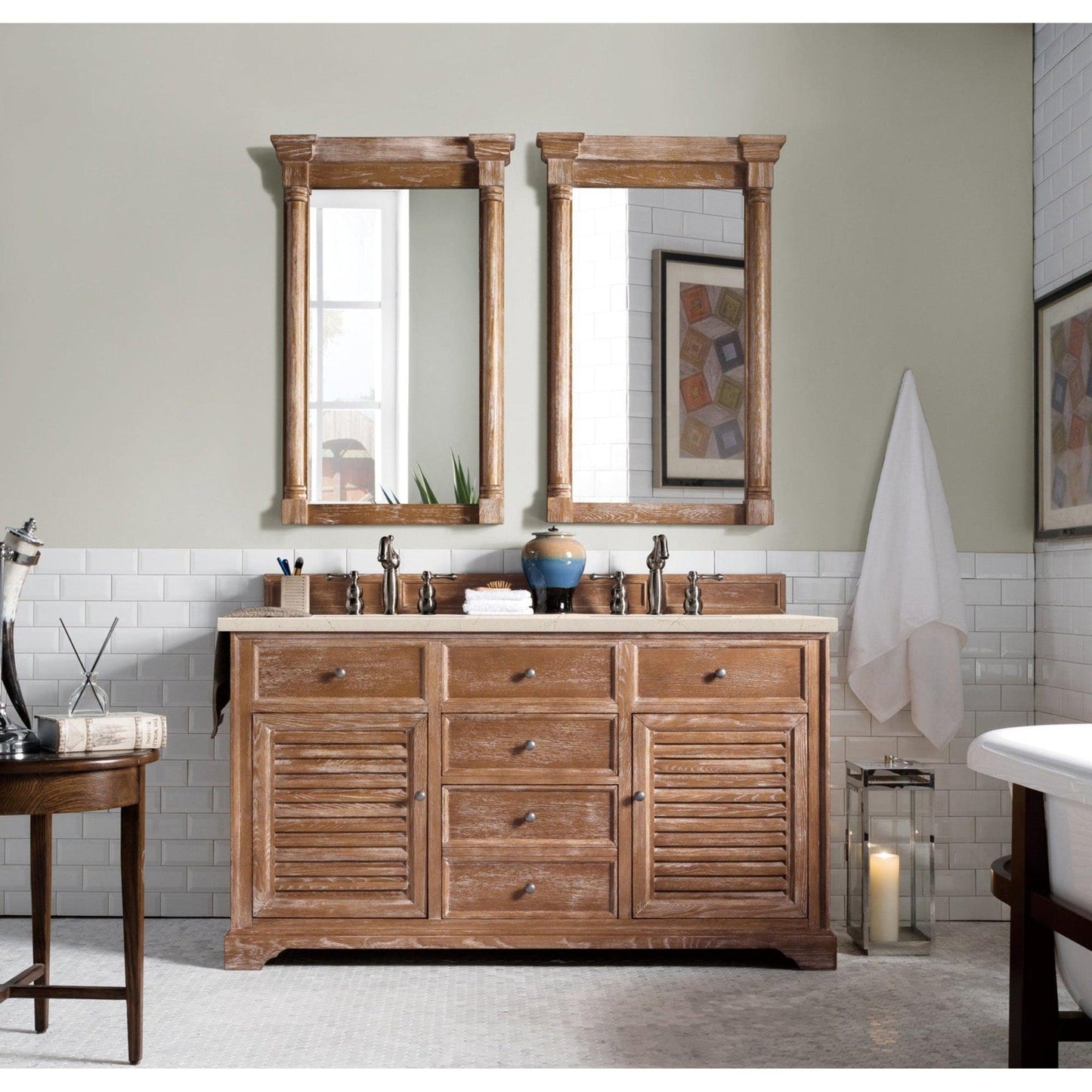 James Martin Vanities Savannah 60" Driftwood Double Vanity Cabinet With 3cm Eternal Marfil Quartz Top