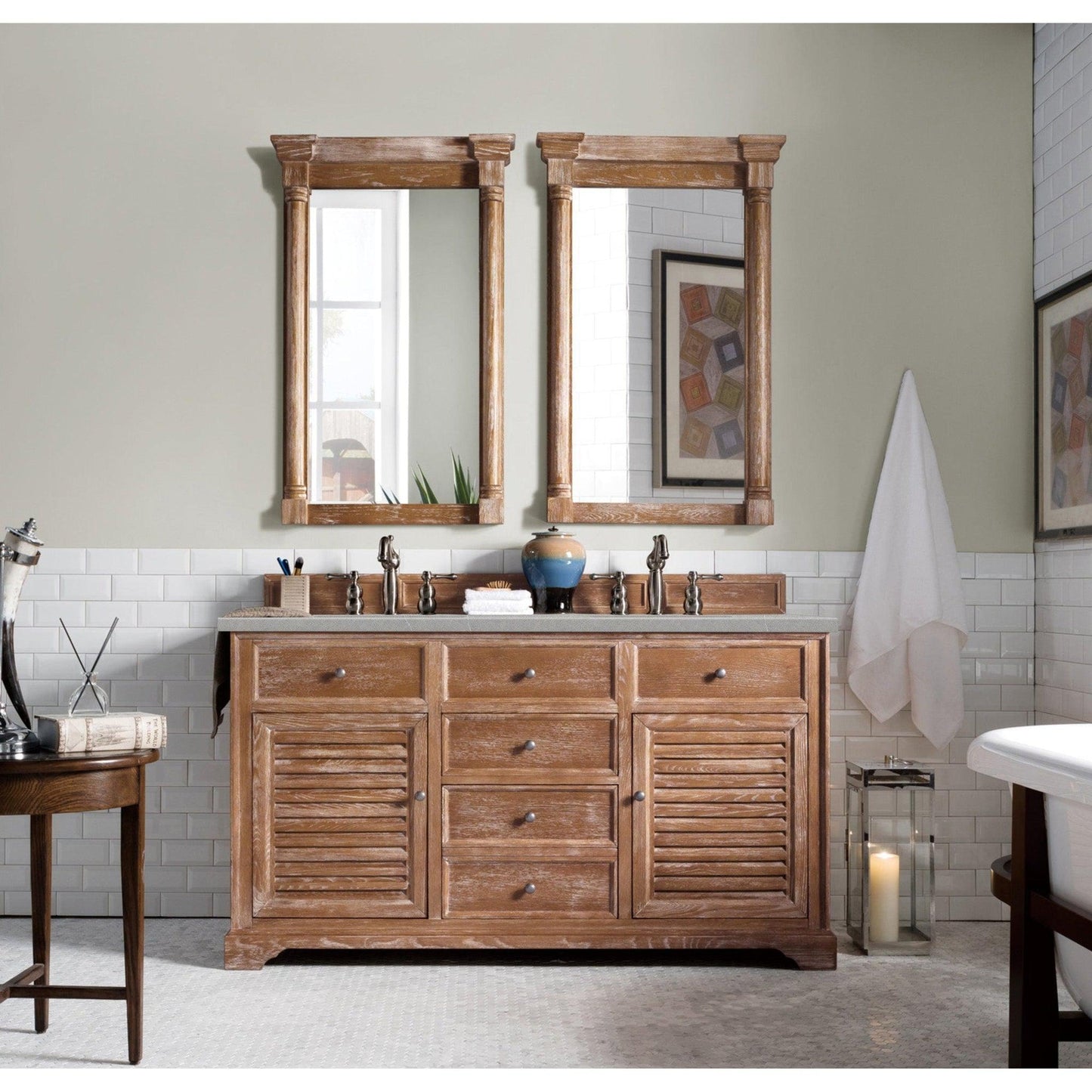 James Martin Vanities Savannah 60" Driftwood Double Vanity Cabinet With 3cm Eternal Serena Quartz Top