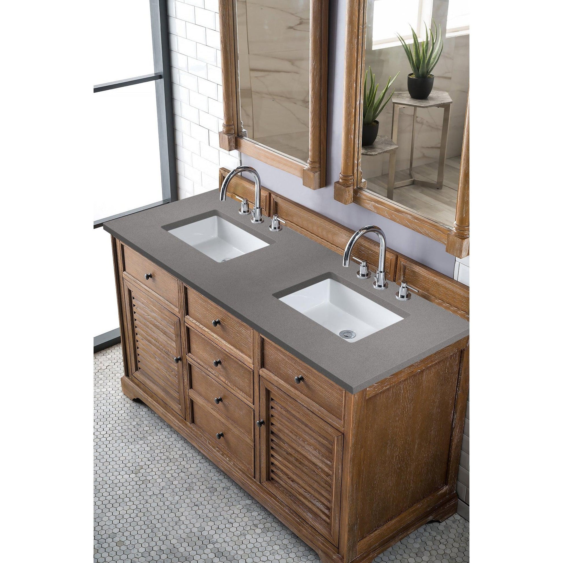 James Martin Vanities Savannah 60" Driftwood Double Vanity Cabinet With 3cm Grey Expo Quartz Top