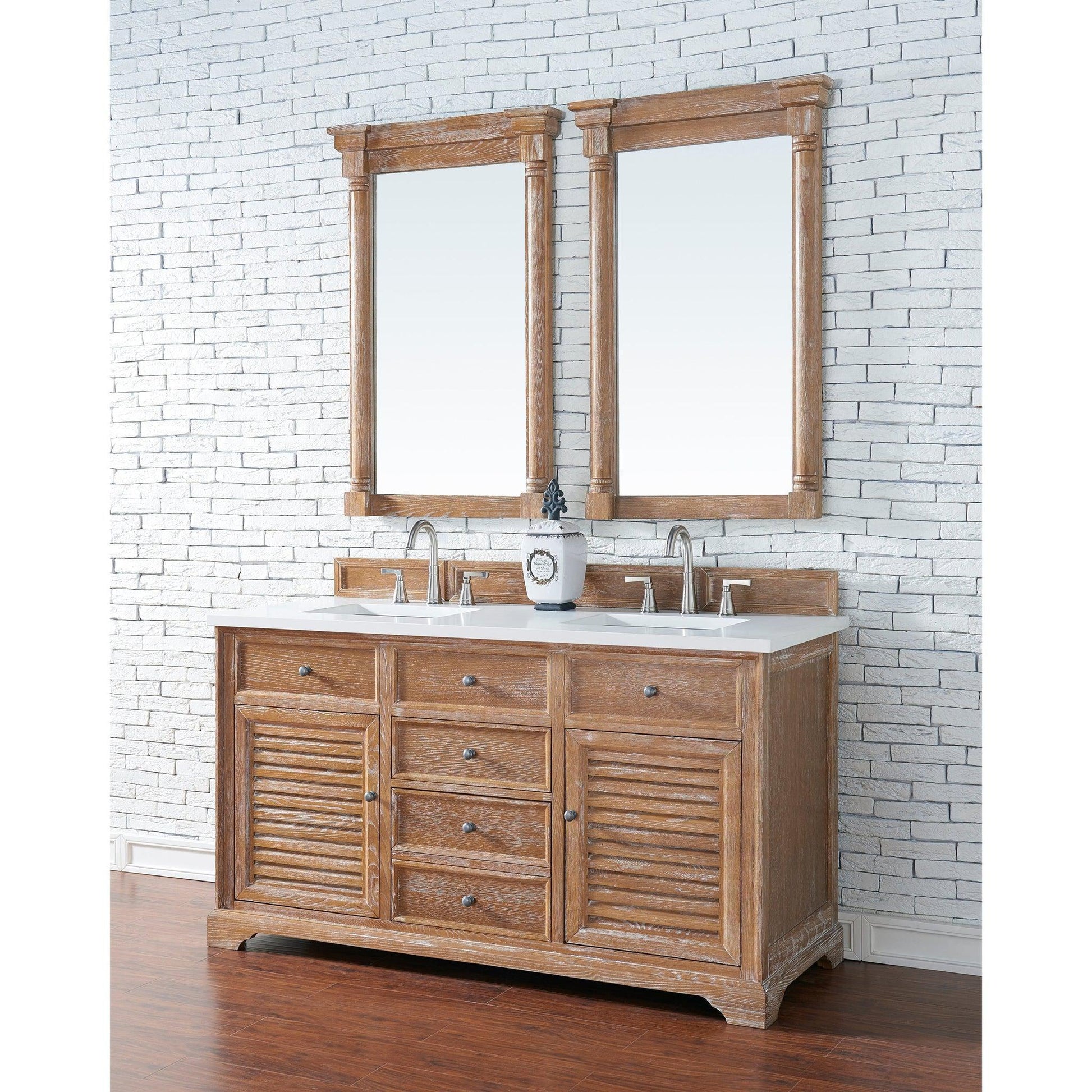 James Martin Vanities Savannah 60" Driftwood Double Vanity Cabinet With 3cm White Zeus Quartz Top