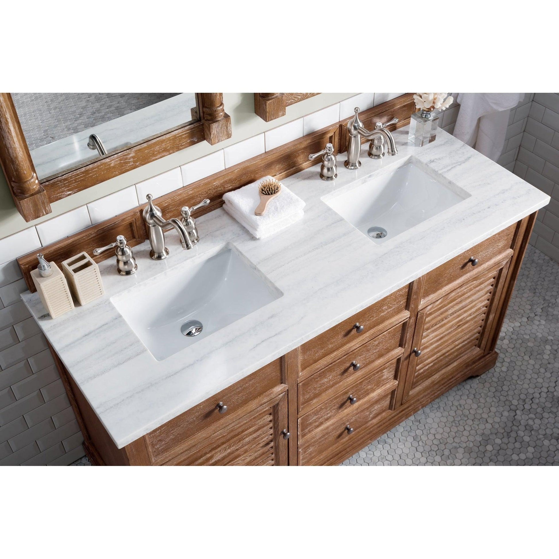 James Martin Vanities Savannah 60" Driftwood Double Vanity With 3cm Arctic Fall Solid Surface Top