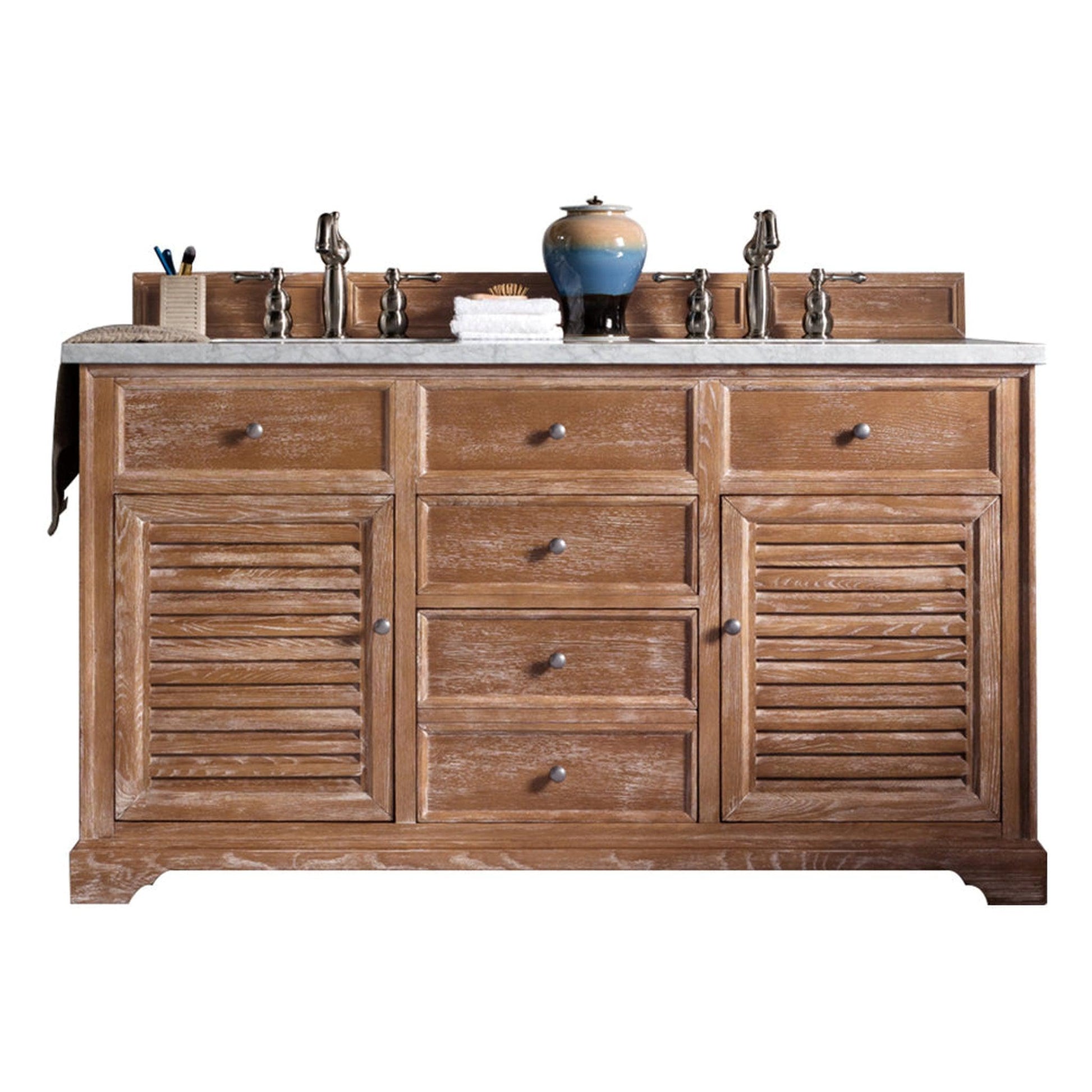 James Martin Vanities Savannah 60" Driftwood Double Vanity With 3cm Arctic Fall Solid Surface Top