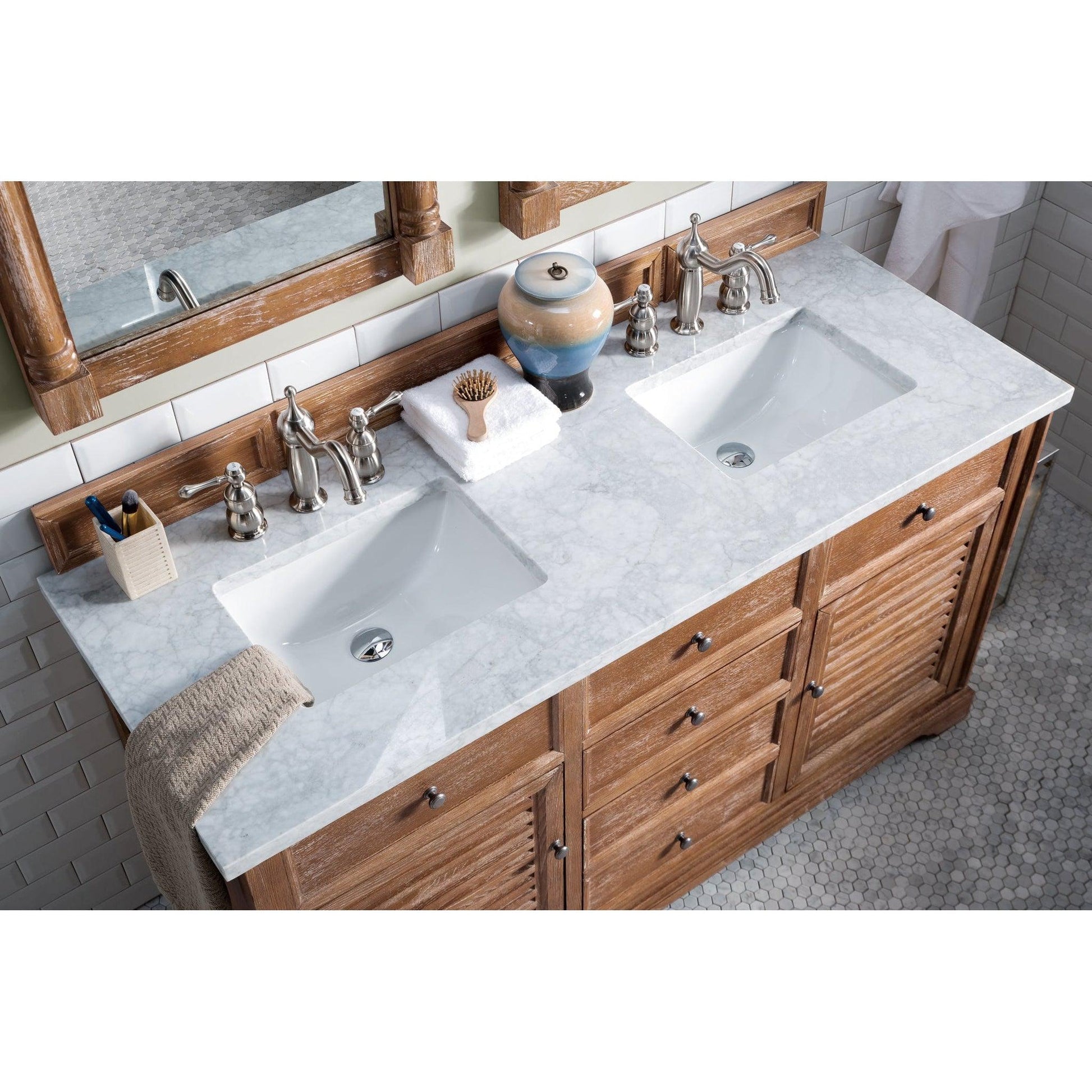 James Martin Vanities Savannah 60" Driftwood Double Vanity With 3cm Carrara Marble Top